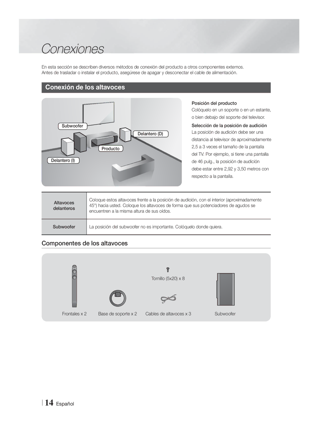 Samsung HT-FS6200/ZF manual Conexiones, Conexión de los altavoces, Componentes de los altavoces 