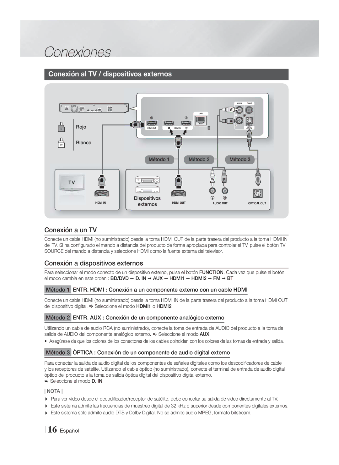 Samsung HT-FS6200/ZF manual Conexión al TV / dispositivos externos, Conexión a un TV, Conexión a dispositivos externos 