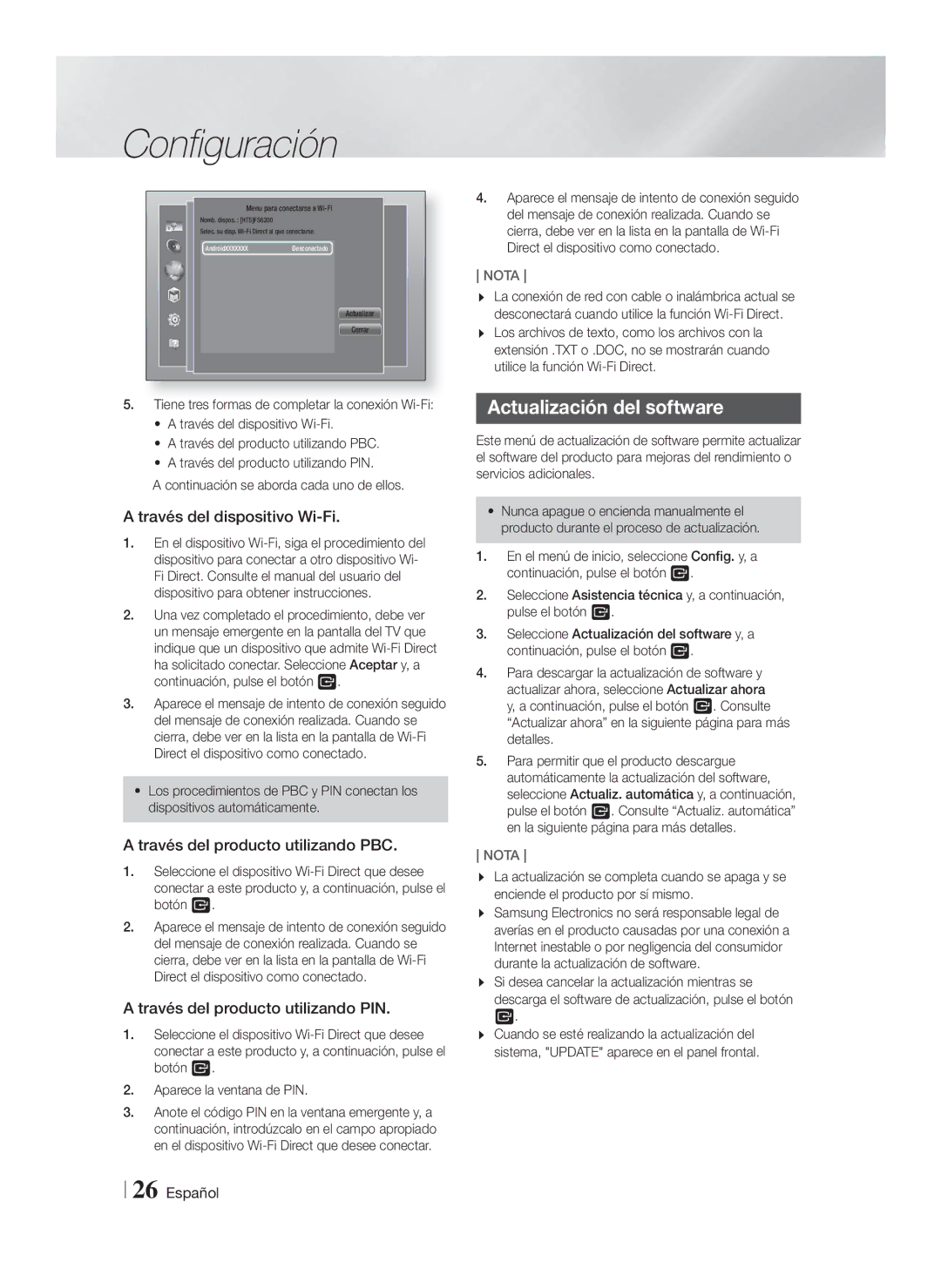 Samsung HT-FS6200/ZF manual Actualización del software, Través del dispositivo Wi-Fi, Través del producto utilizando PBC 