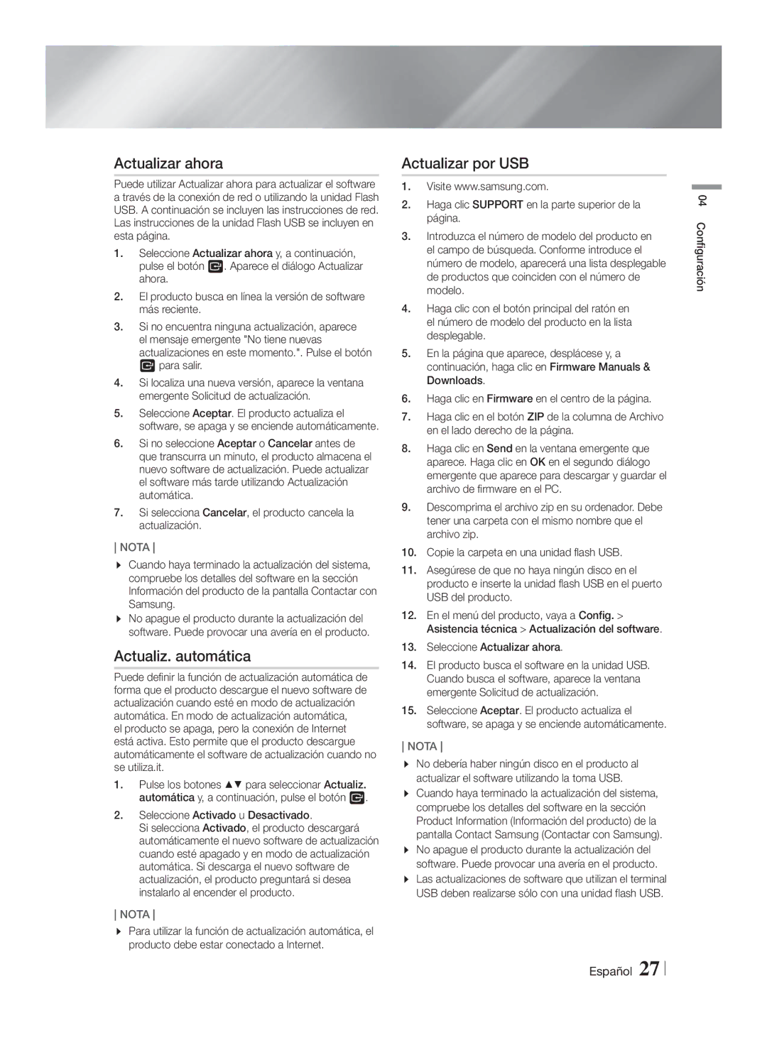 Samsung HT-FS6200/ZF manual Actualizar ahora, Actualiz. automática, Actualizar por USB, Seleccione Activado u Desactivado 