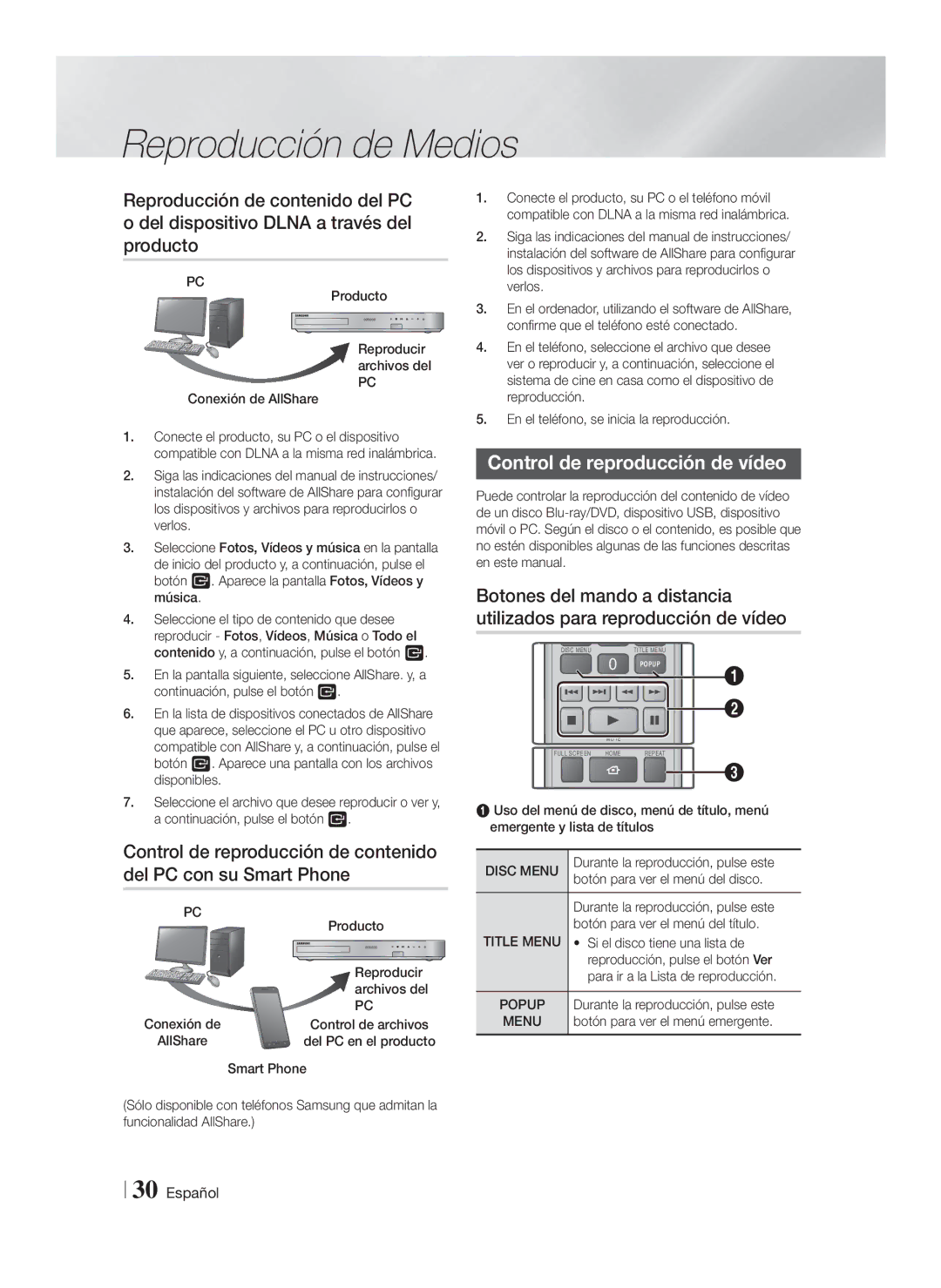 Samsung HT-FS6200/ZF manual Control de reproducción de vídeo 