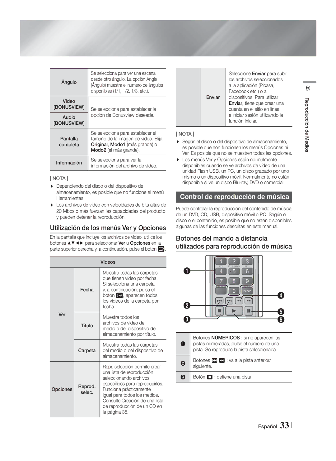 Samsung HT-FS6200/ZF manual Utilización de los menús Ver y Opciones, Control de reproducción de música 