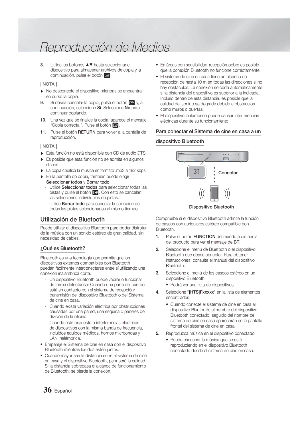 Samsung HT-FS6200/ZF manual Utilización de Bluetooth, ¿Qué es Bluetooth?, Reproduzca música en el dispositivo conectado 