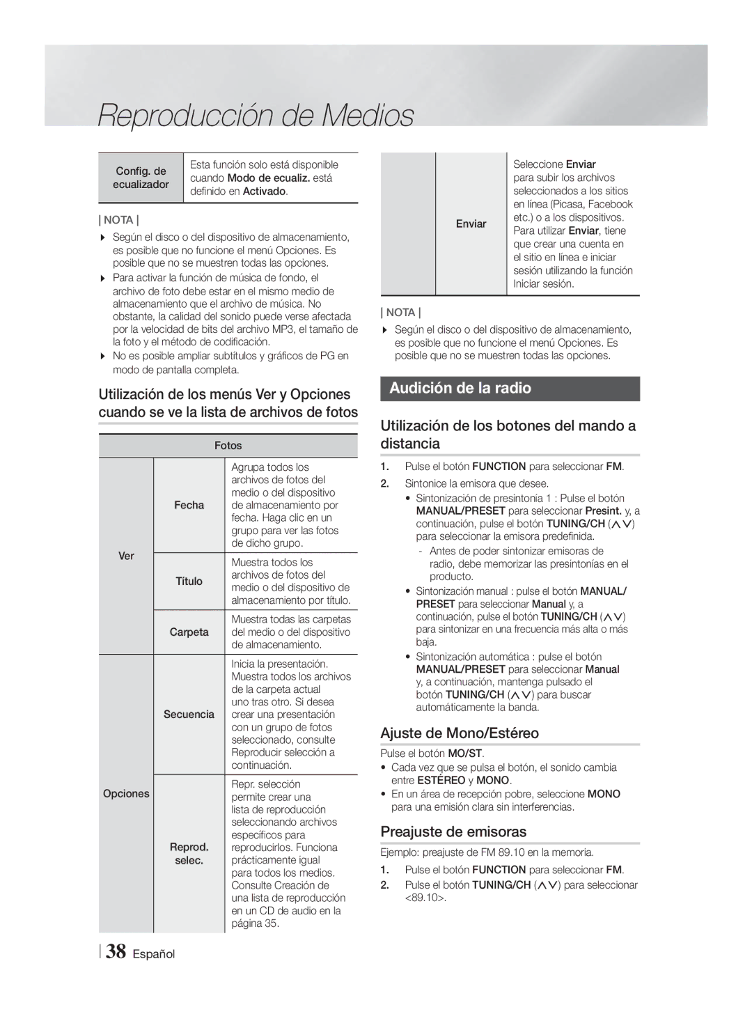 Samsung HT-FS6200/ZF manual Audición de la radio, Utilización de los botones del mando a distancia, Ajuste de Mono/Estéreo 