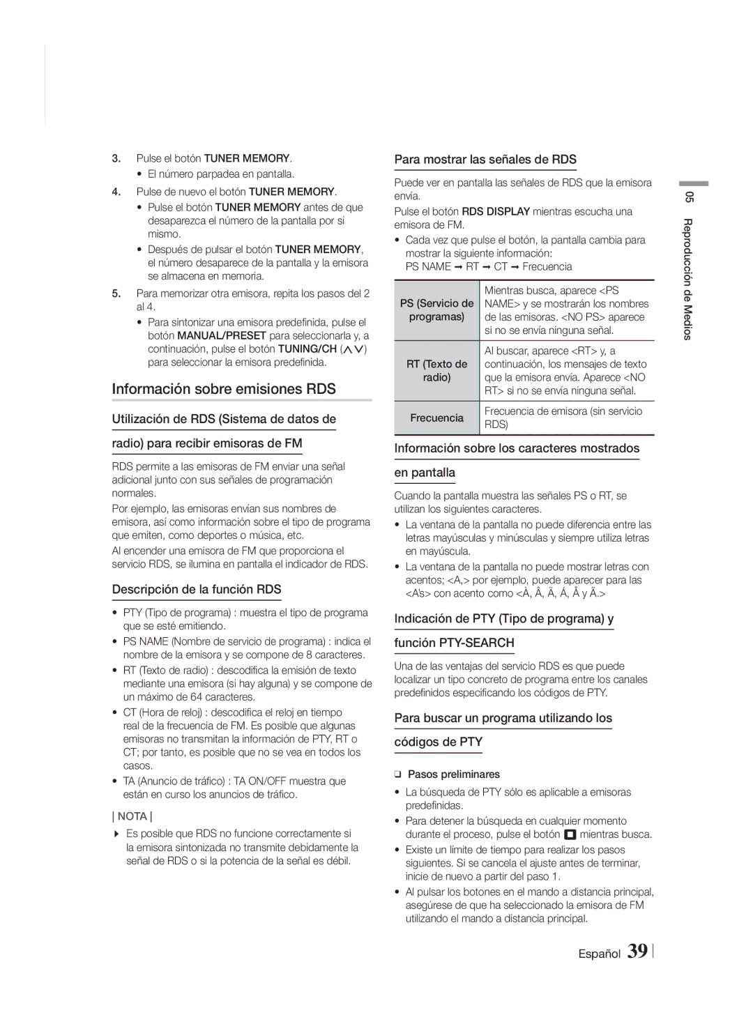 Samsung HT-FS6200/ZF manual Información sobre emisiones RDS 