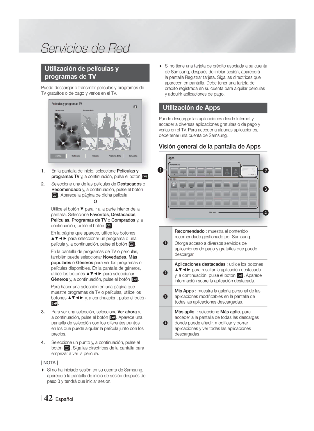 Samsung HT-FS6200/ZF manual Utilización de películas y Programas de TV, Utilización de Apps 