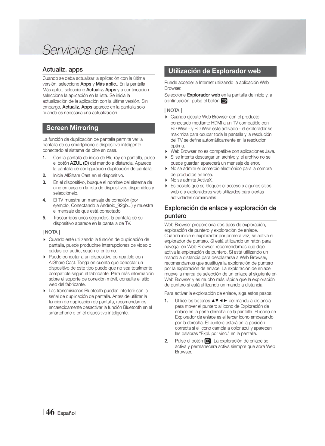 Samsung HT-FS6200/ZF manual Actualiz. apps, Utilización de Explorador web, Exploración de enlace y exploración de puntero 