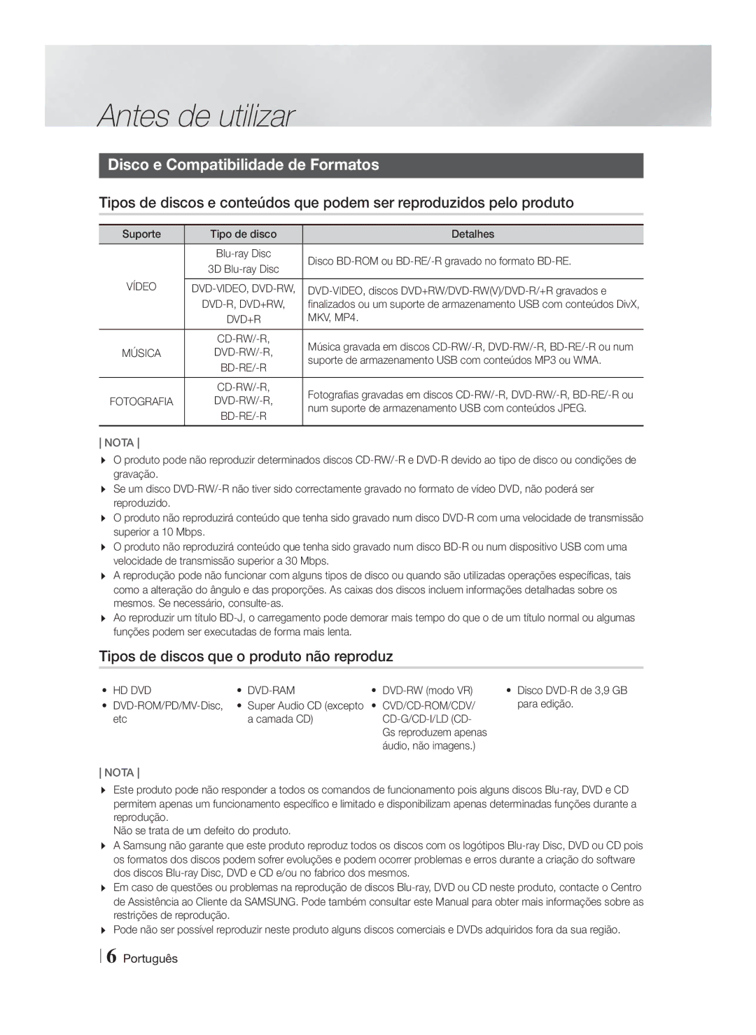 Samsung HT-FS6200/ZF Antes de utilizar, Disco e Compatibilidade de Formatos, Tipos de discos que o produto não reproduz 