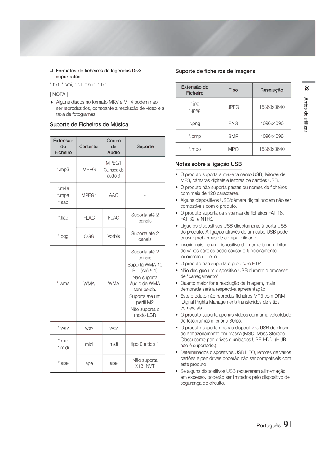 Samsung HT-FS6200/ZF manual Suporte de Ficheiros de Música, Suporte de ficheiros de imagens, Notas sobre a ligação USB 