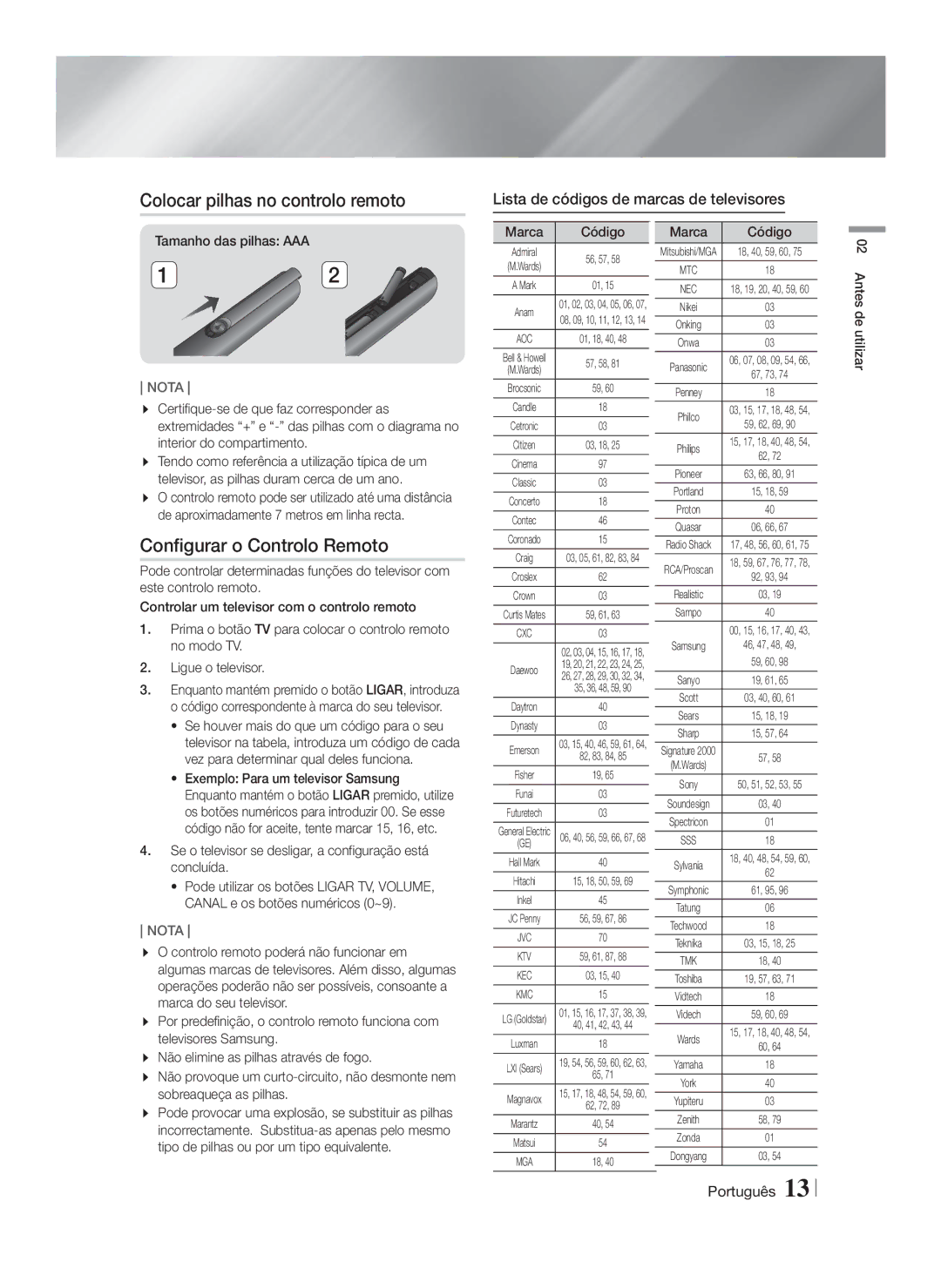 Samsung HT-FS6200/ZF manual Colocar pilhas no controlo remoto, Configurar o Controlo Remoto, Tamanho das pilhas AAA 