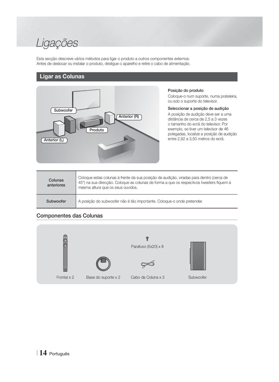 Samsung HT-FS6200/ZF manual Ligações, Ligar as Colunas, Componentes das Colunas, Posição do produto 