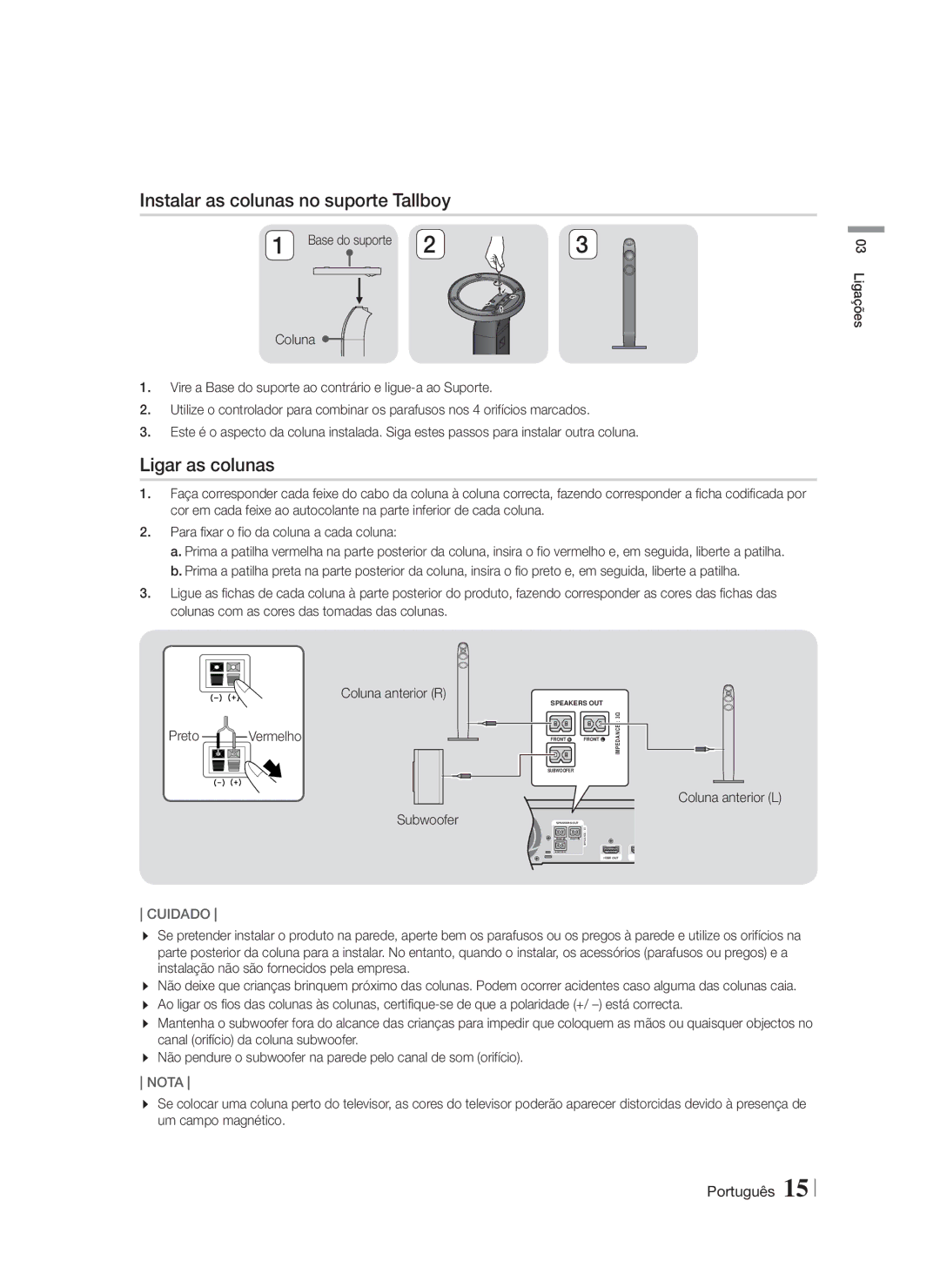 Samsung HT-FS6200/ZF manual Instalar as colunas no suporte Tallboy, Ligar as colunas, Coluna anterior L 