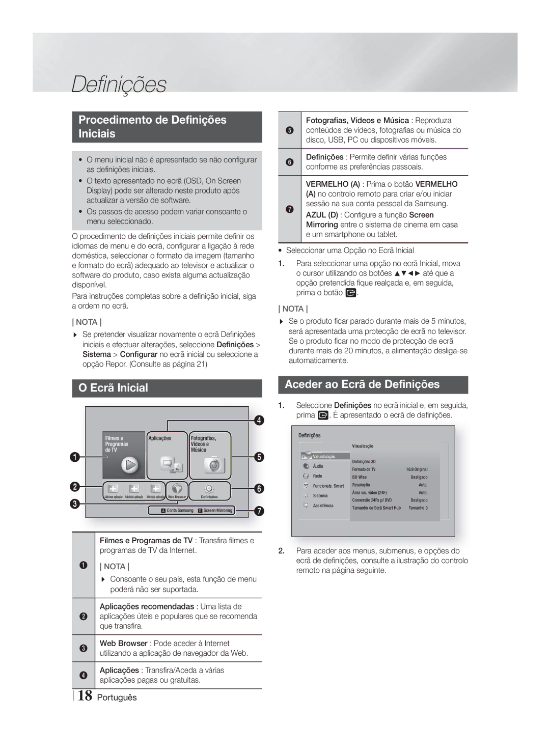 Samsung HT-FS6200/ZF manual Procedimento de Definições Iniciais, Ecrã Inicial, Aceder ao Ecrã de Definições 