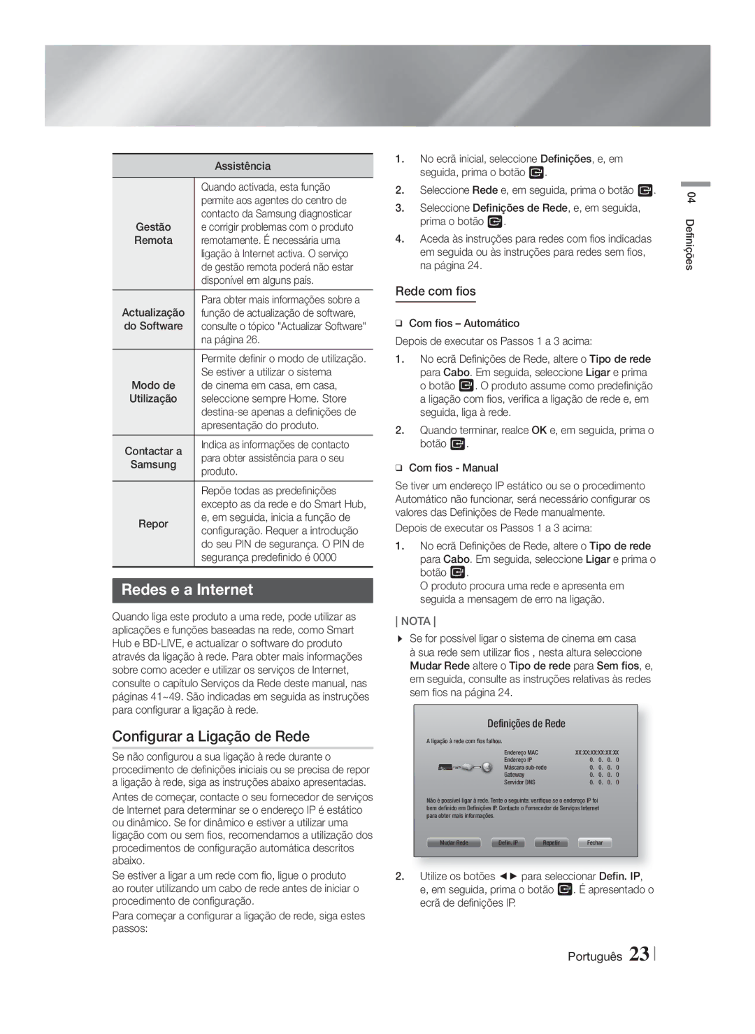 Samsung HT-FS6200/ZF manual Redes e a Internet, Configurar a Ligação de Rede, Rede com fios 