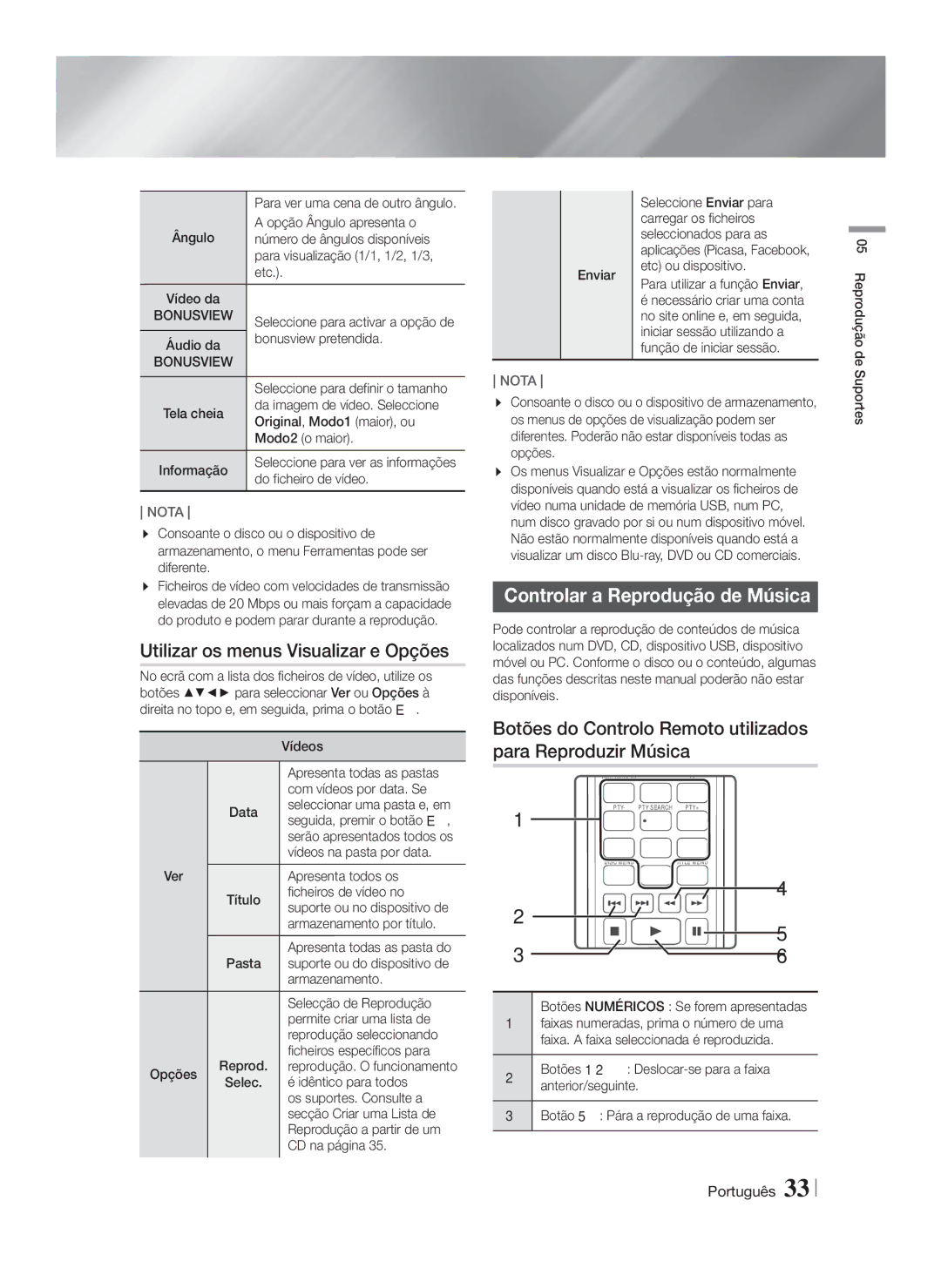 Samsung HT-FS6200/ZF manual Utilizar os menus Visualizar e Opções, Controlar a Reprodução de Música 