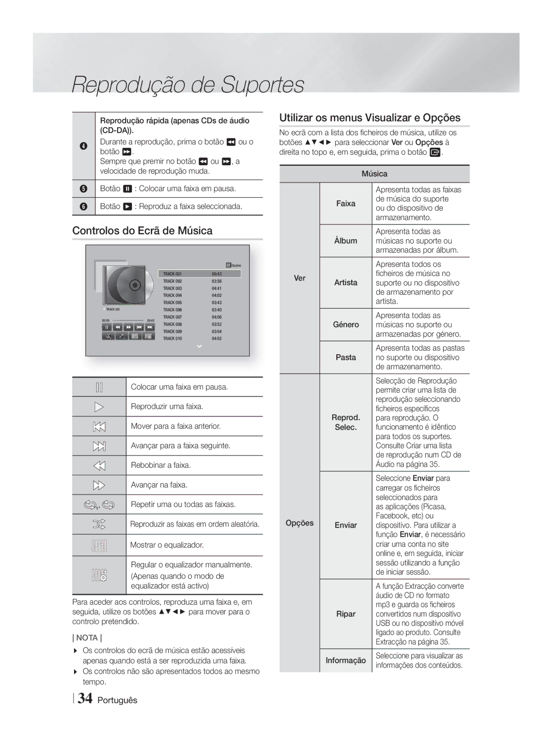 Samsung HT-FS6200/ZF manual Controlos do Ecrã de Música 