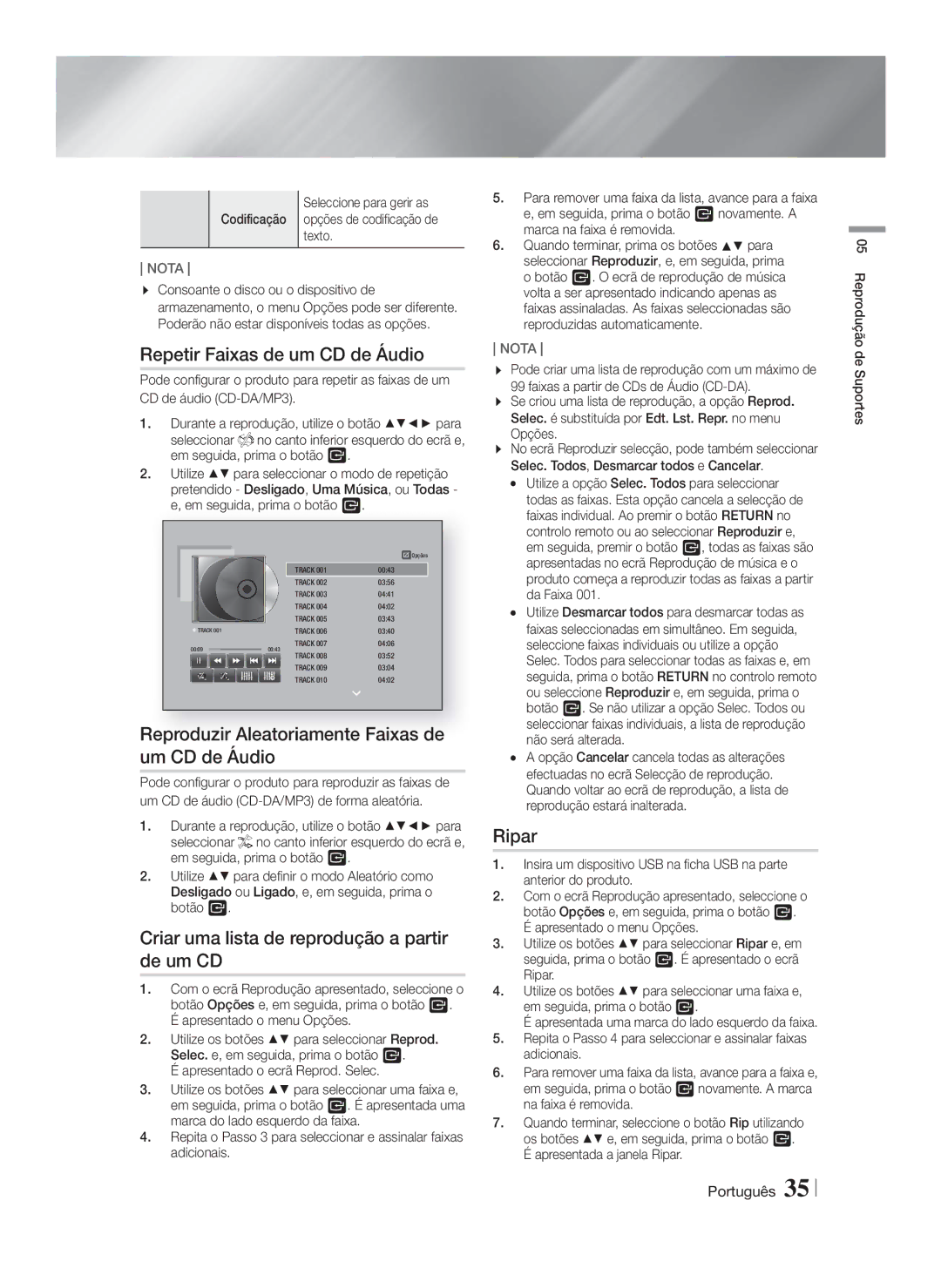 Samsung HT-FS6200/ZF manual Repetir Faixas de um CD de Áudio, Reproduzir Aleatoriamente Faixas de um CD de Áudio, Ripar 