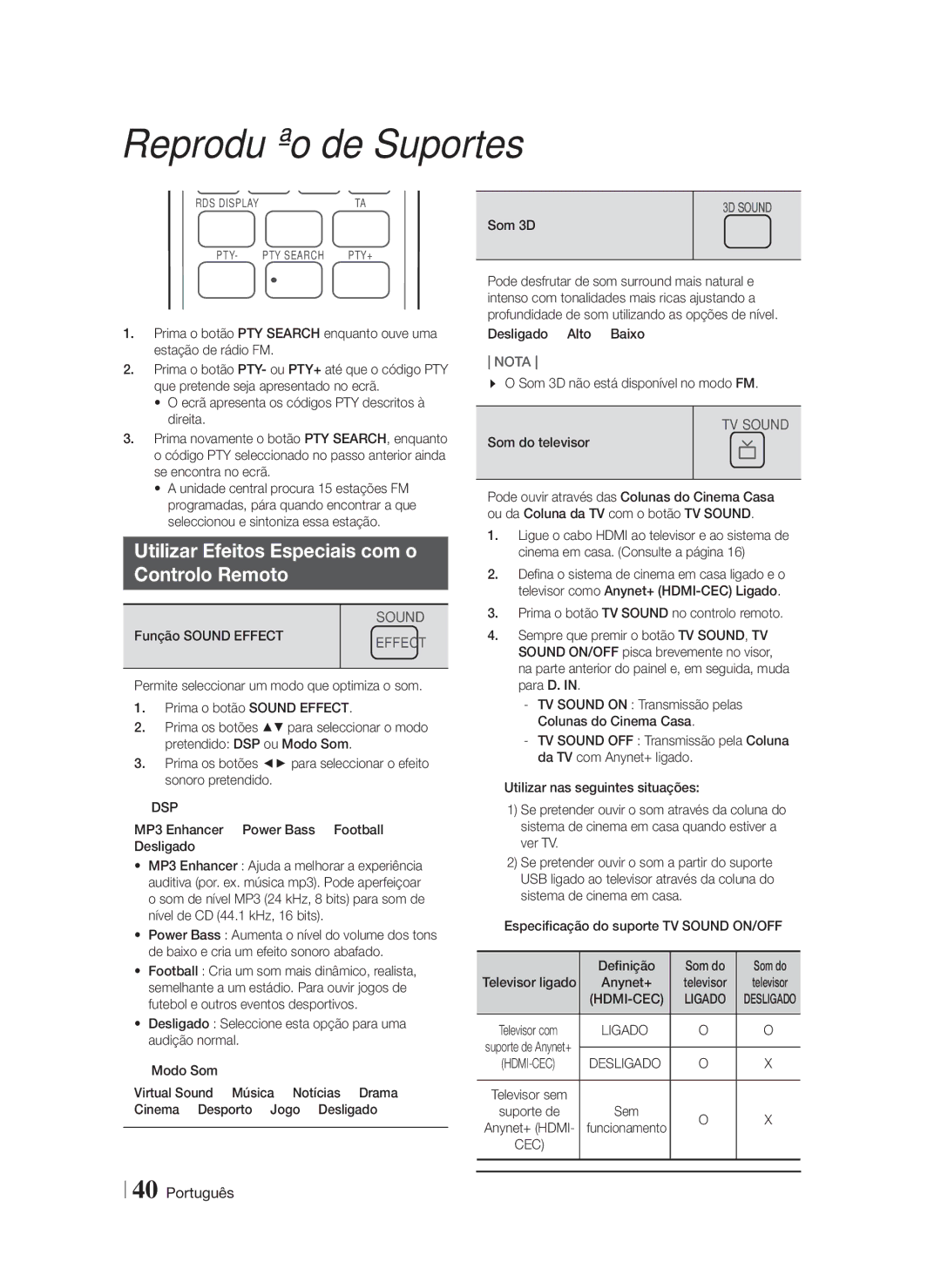 Samsung HT-FS6200/ZF manual Utilizar Efeitos Especiais com o Controlo Remoto, Função Sound Effect, Som do televisor 