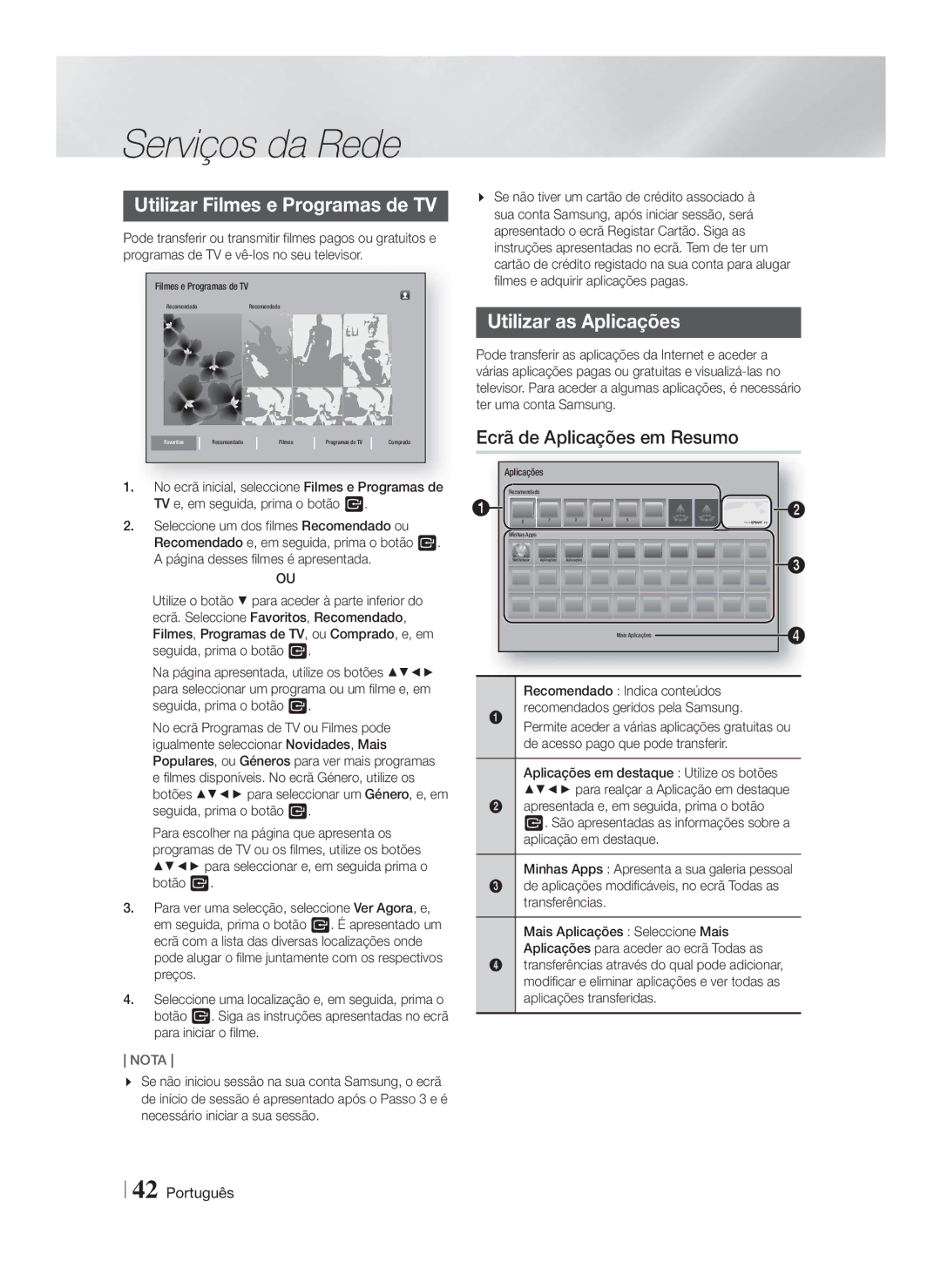 Samsung HT-FS6200/ZF manual Utilizar Filmes e Programas de TV, Utilizar as Aplicações, Ecrã de Aplicações em Resumo 