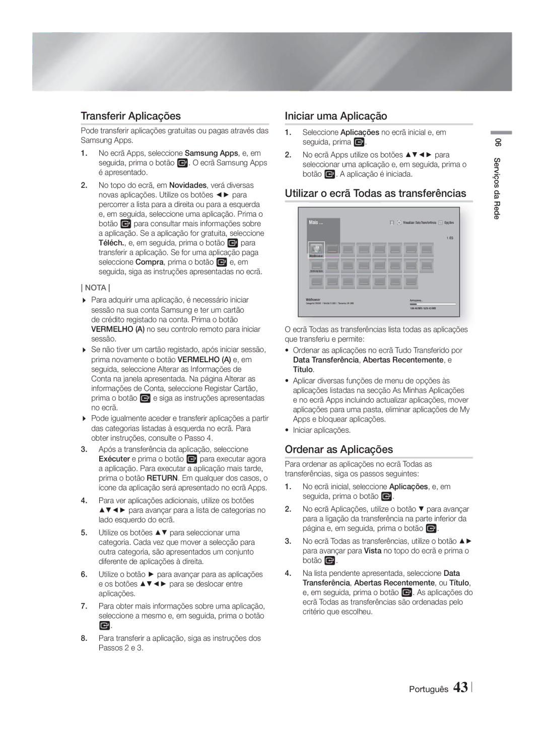 Samsung HT-FS6200/ZF manual Transferir Aplicações, Iniciar uma Aplicação, Utilizar o ecrã Todas as transferências 