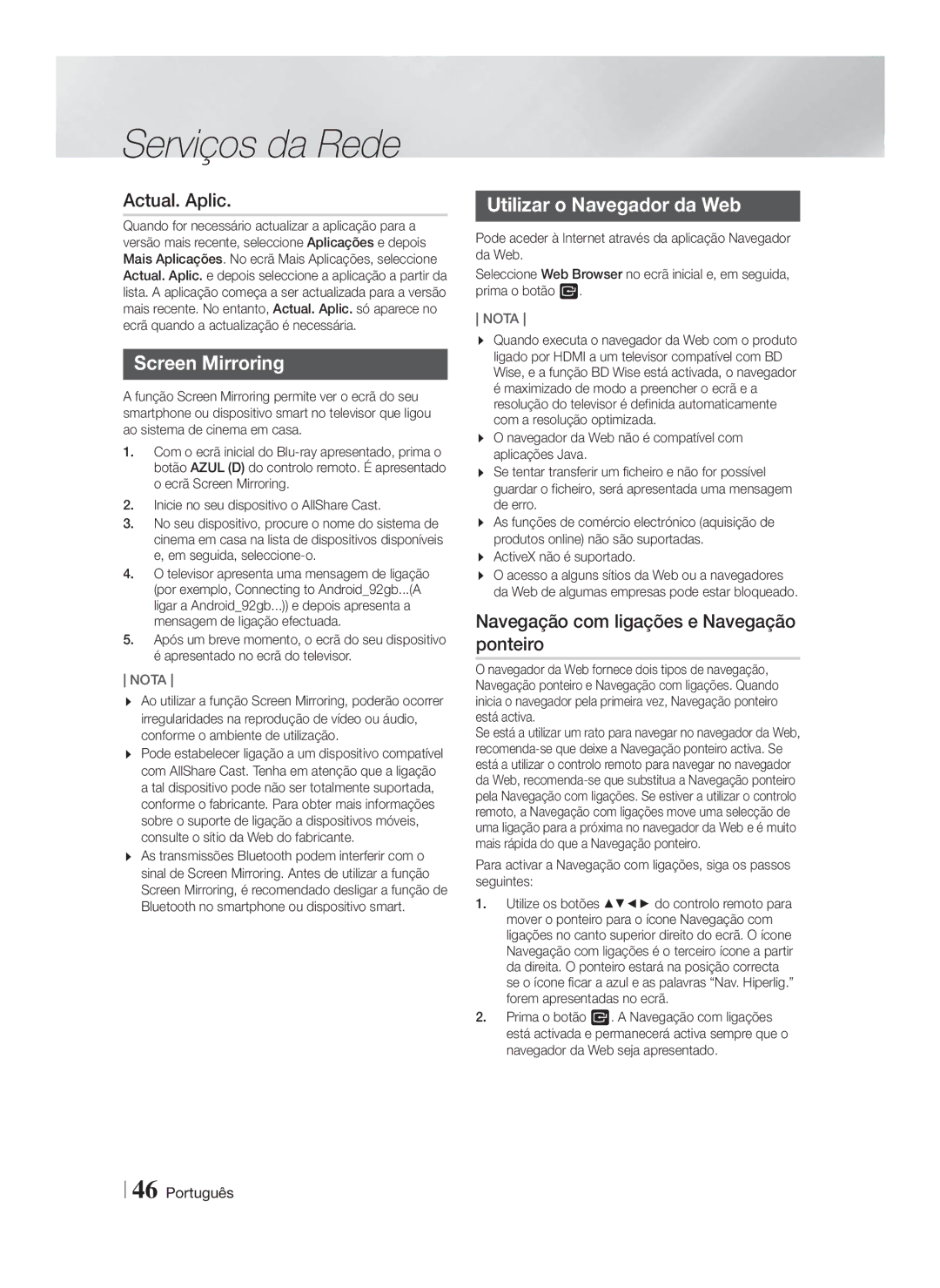 Samsung HT-FS6200/ZF manual Actual. Aplic, Utilizar o Navegador da Web, Navegação com ligações e Navegação ponteiro 