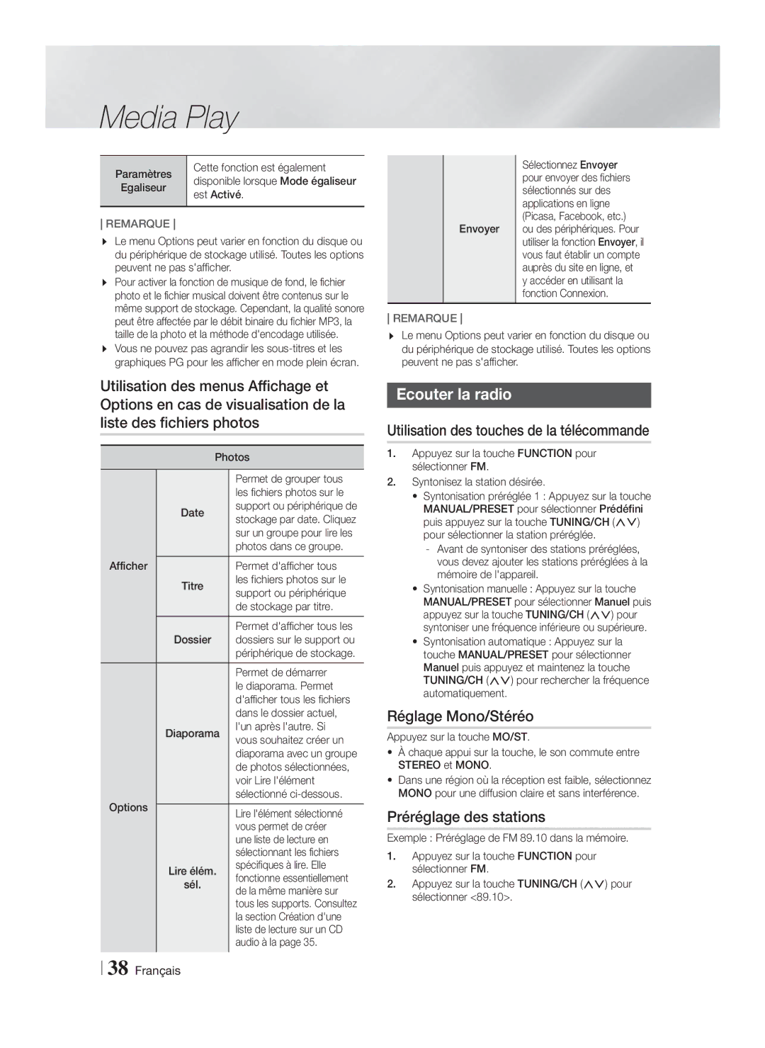 Samsung HT-FS6200/ZF manual Ecouter la radio, Utilisation des touches de la télécommande, Réglage Mono/Stéréo 