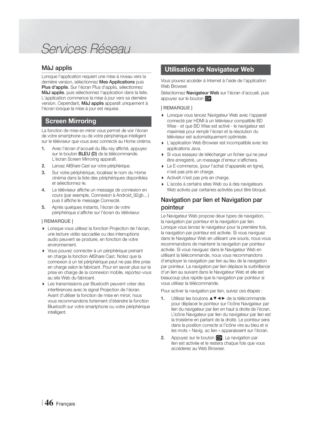 Samsung HT-FS6200/ZF manual MàJ applis, Screen Mirroring, Utilisation de Navigateur Web 