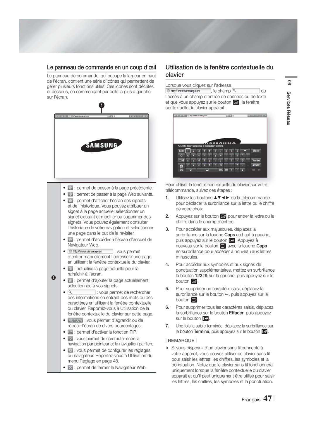 Samsung HT-FS6200/ZF manual Utilisation de la fenêtre contextuelle du clavier, Le panneau de commande en un coup d’œil 