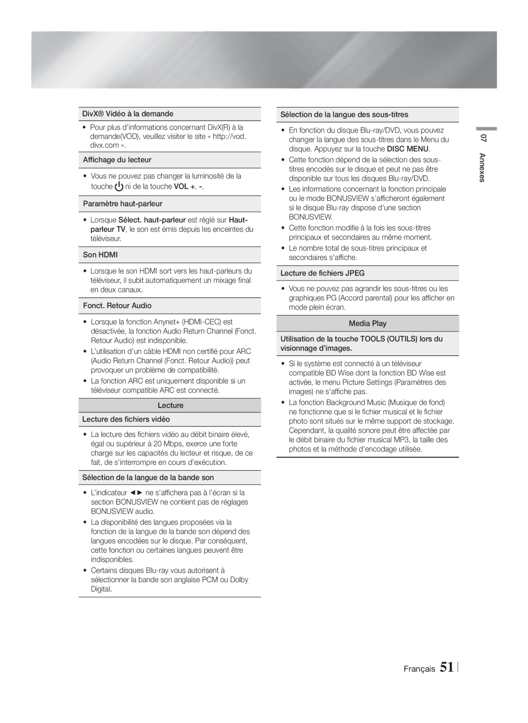 Samsung HT-FS6200/ZF manual Lecture Lecture des fichiers vidéo, Bonusview, Annexes 