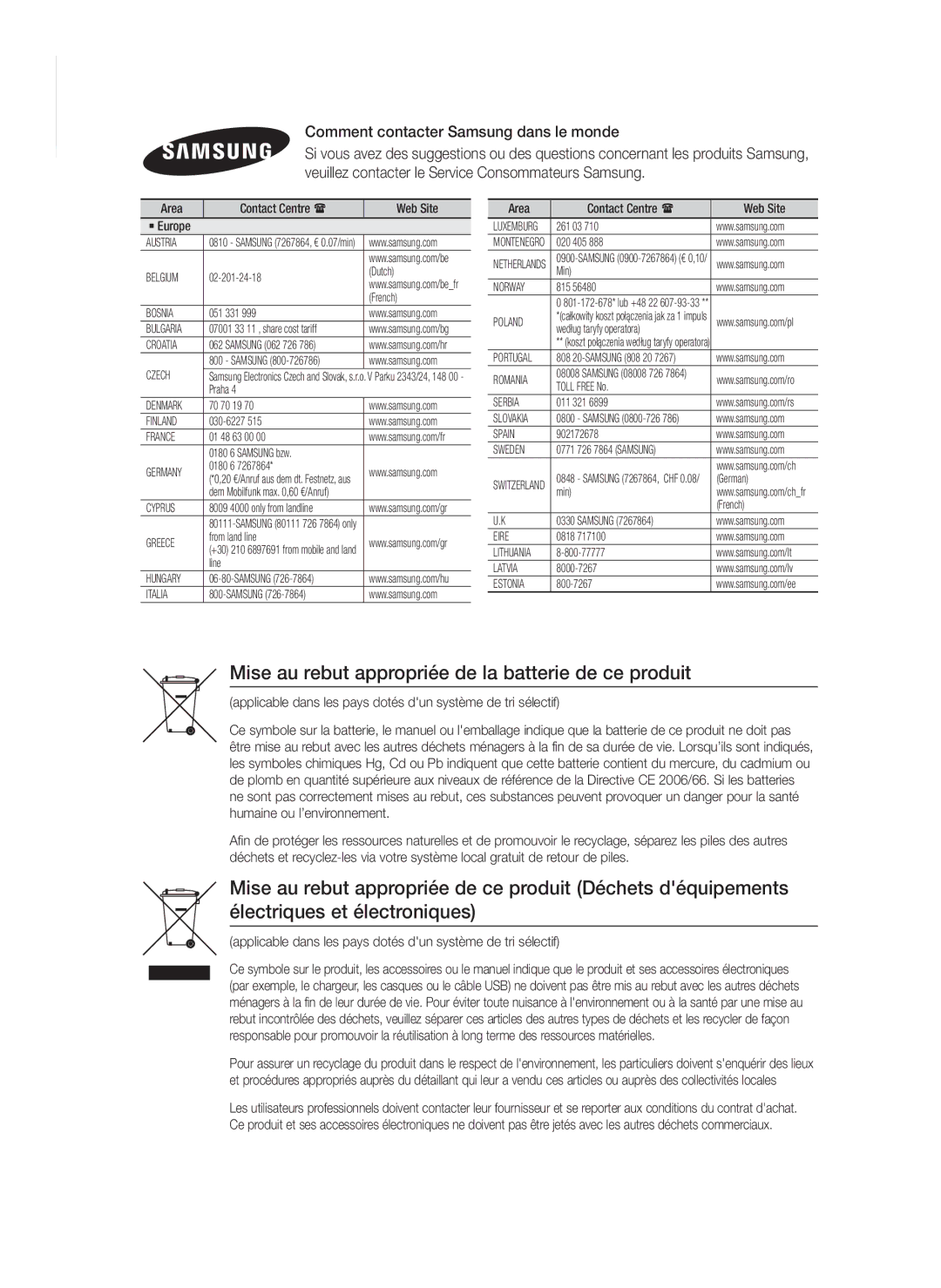 Samsung HT-FS6200/ZF manual Mise au rebut appropriée de la batterie de ce produit, Comment contacter Samsung dans le monde 