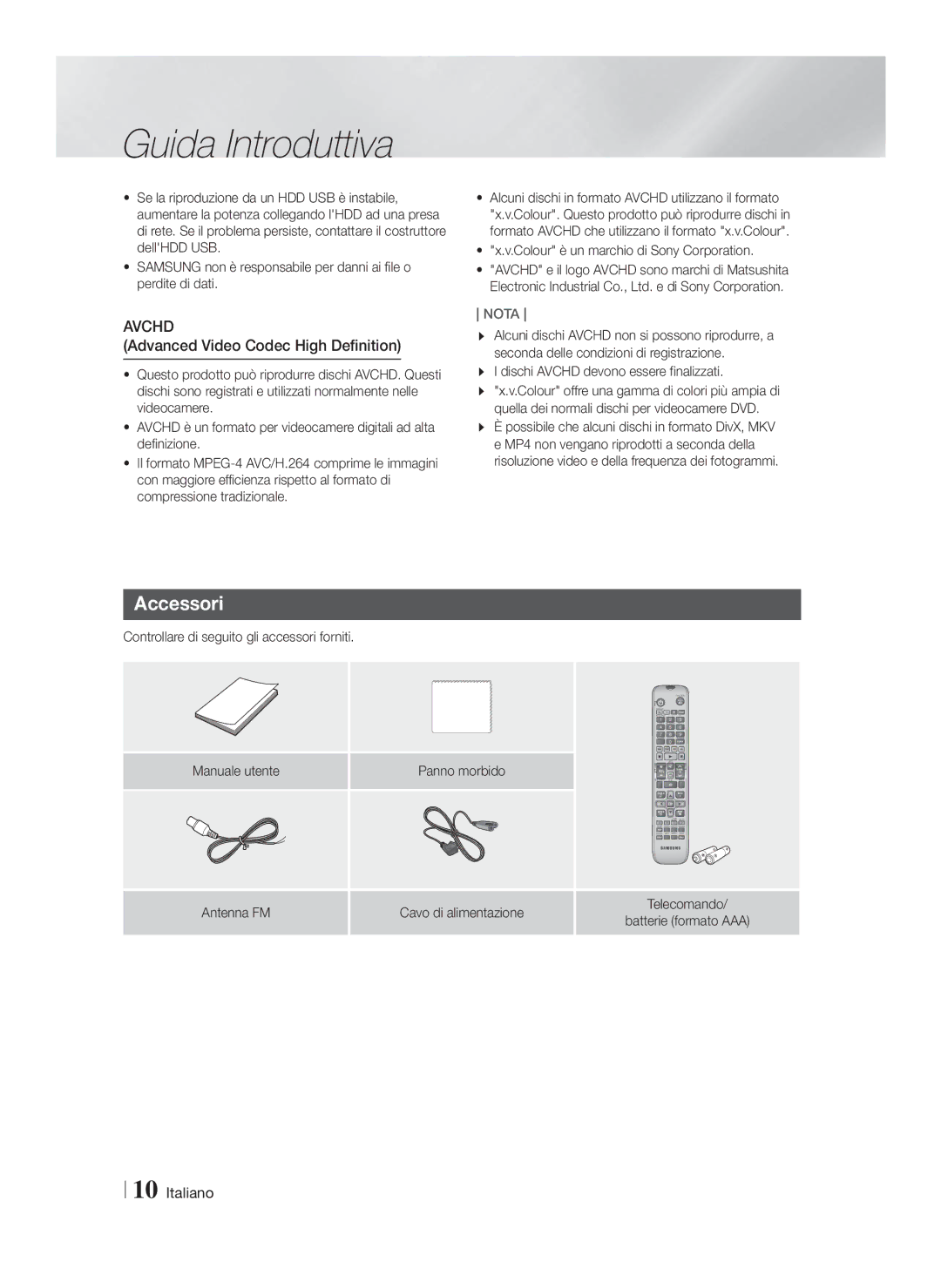 Samsung HT-FS6200/ZF manual Accessori, Advanced Video Codec High Definition, Colour è un marchio di Sony Corporation 