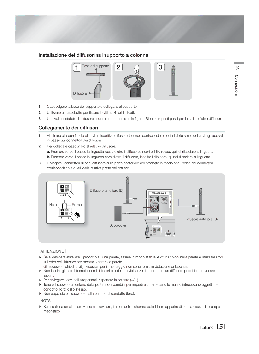 Samsung HT-FS6200/ZF Installazione dei diffusori sul supporto a colonna, Collegamento dei diffusori, Diffusore anteriore S 