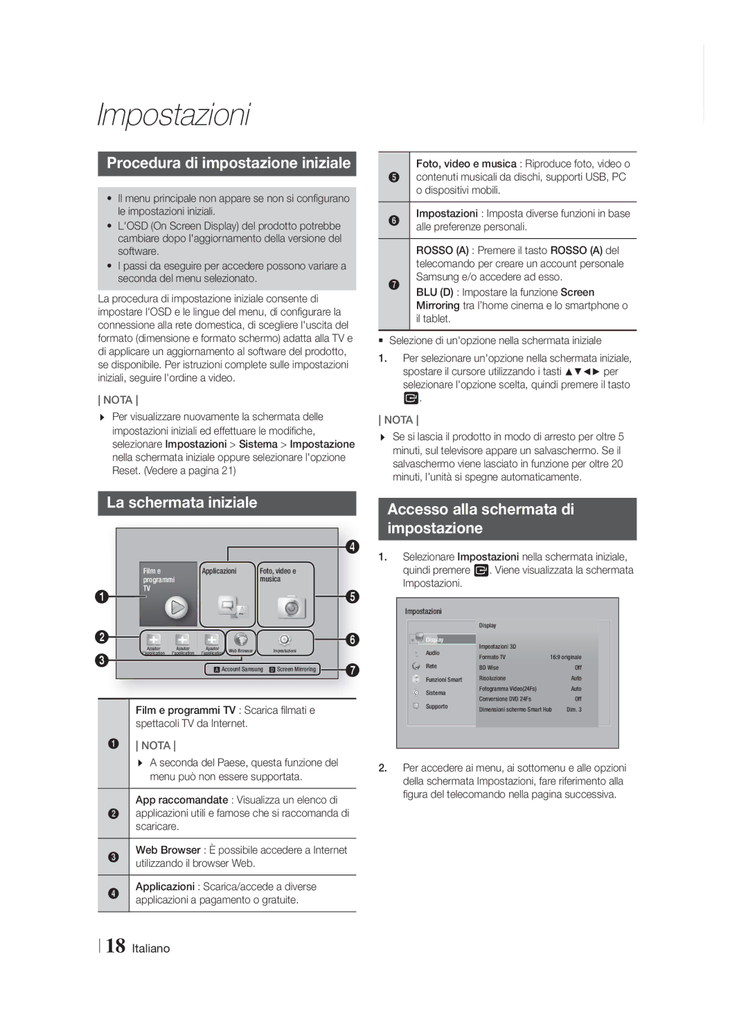 Samsung HT-FS6200/ZF manual Impostazioni, Procedura di impostazione iniziale, La schermata iniziale 