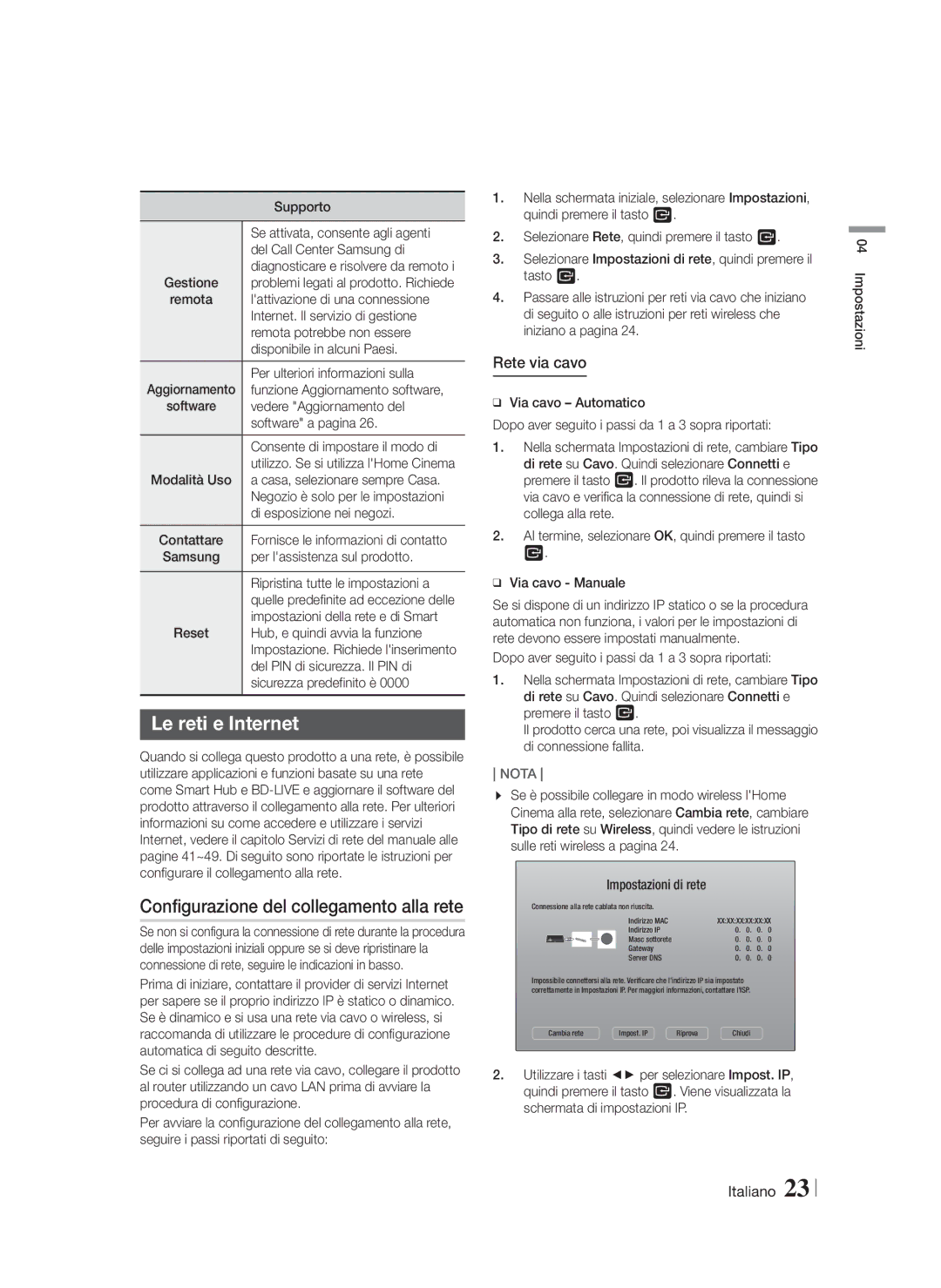 Samsung HT-FS6200/ZF manual Le reti e Internet, Configurazione del collegamento alla rete, Rete via cavo 