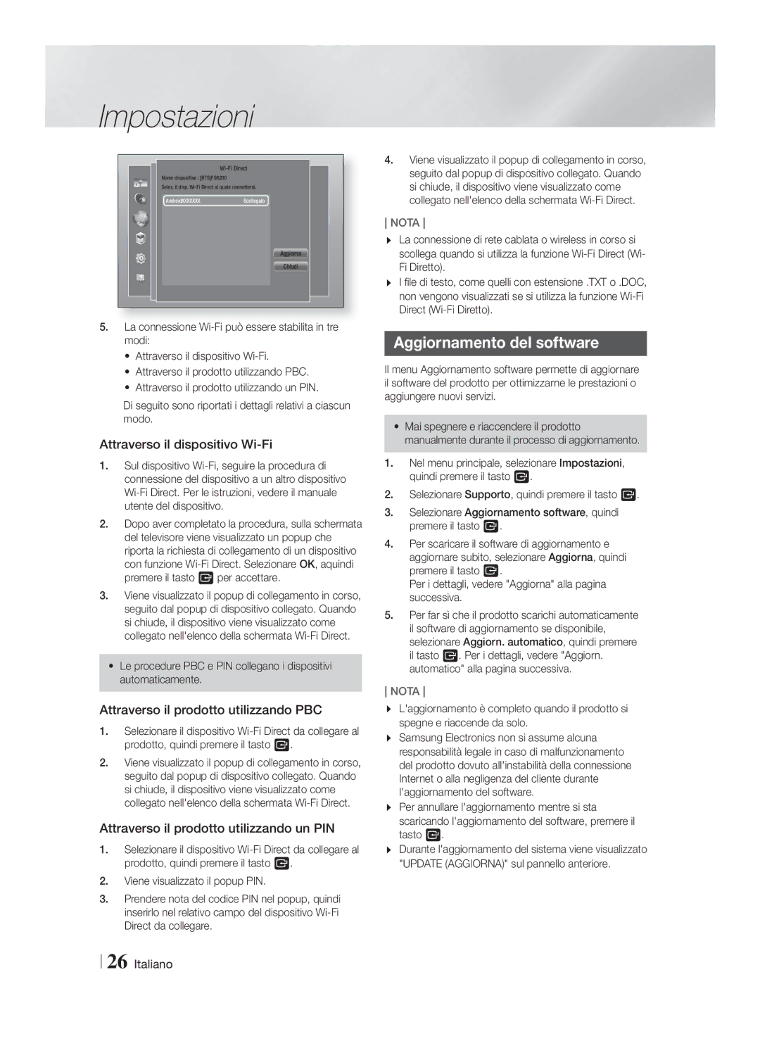 Samsung HT-FS6200/ZF Aggiornamento del software, Attraverso il dispositivo Wi-Fi, Attraverso il prodotto utilizzando PBC 