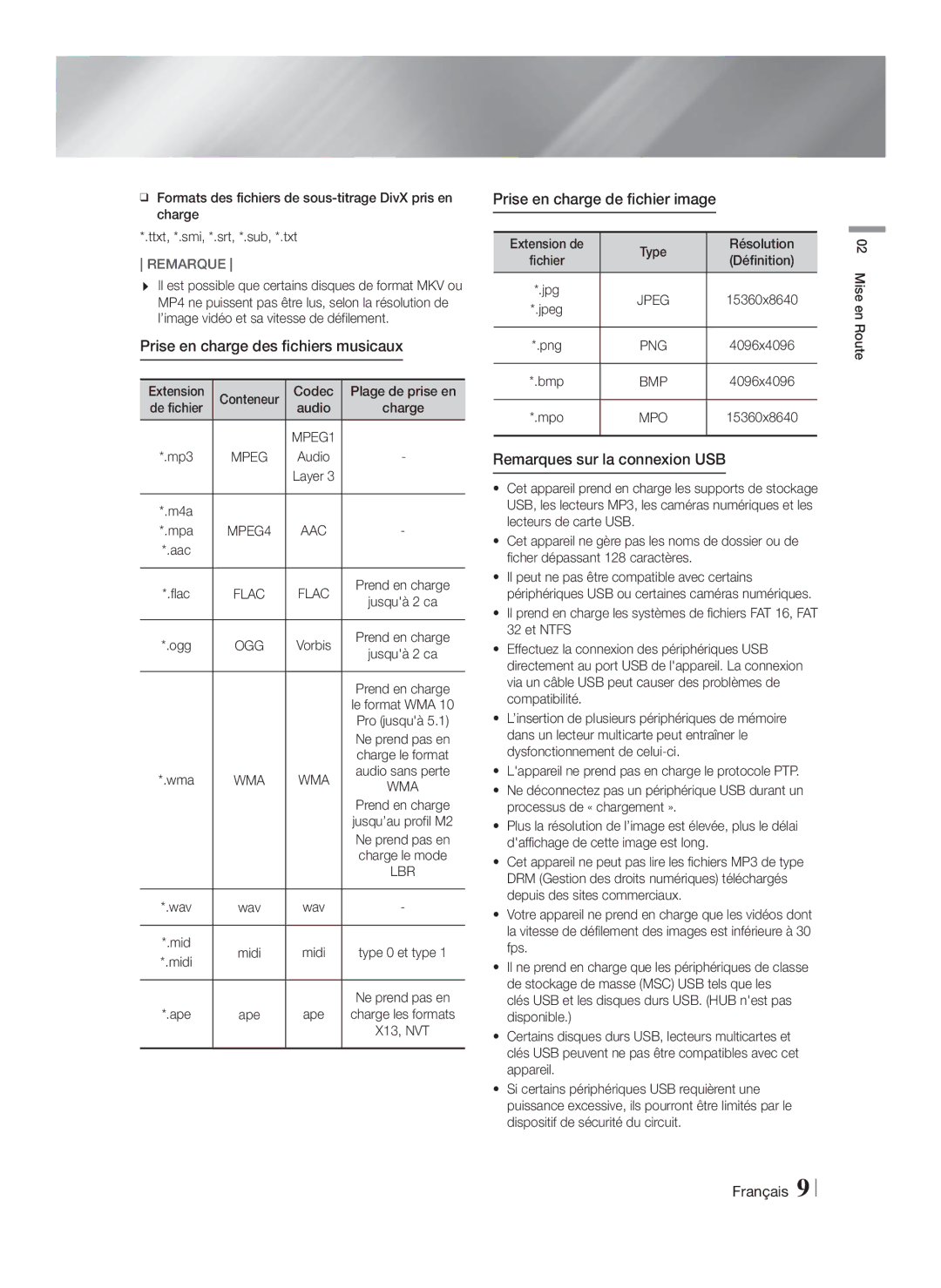 Samsung HT-FS6200/ZF manual Prise en charge des fichiers musicaux, Prise en charge de fichier image, Mpo 