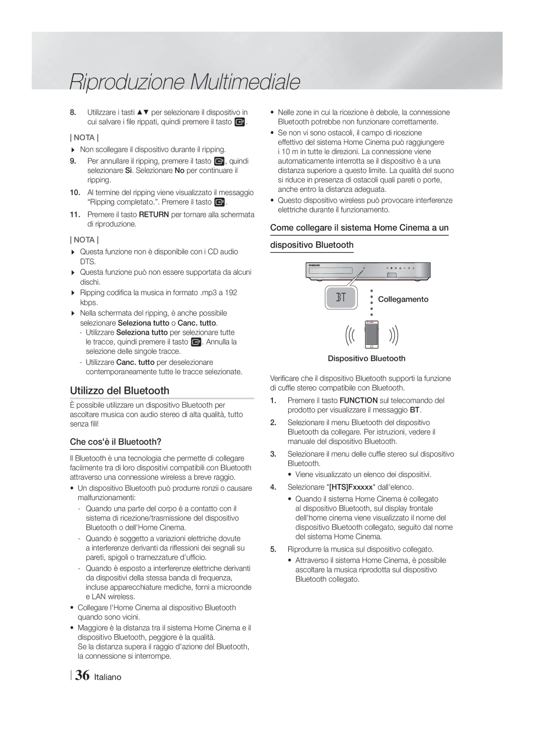 Samsung HT-FS6200/ZF manual Utilizzo del Bluetooth, Che cosè il Bluetooth? 