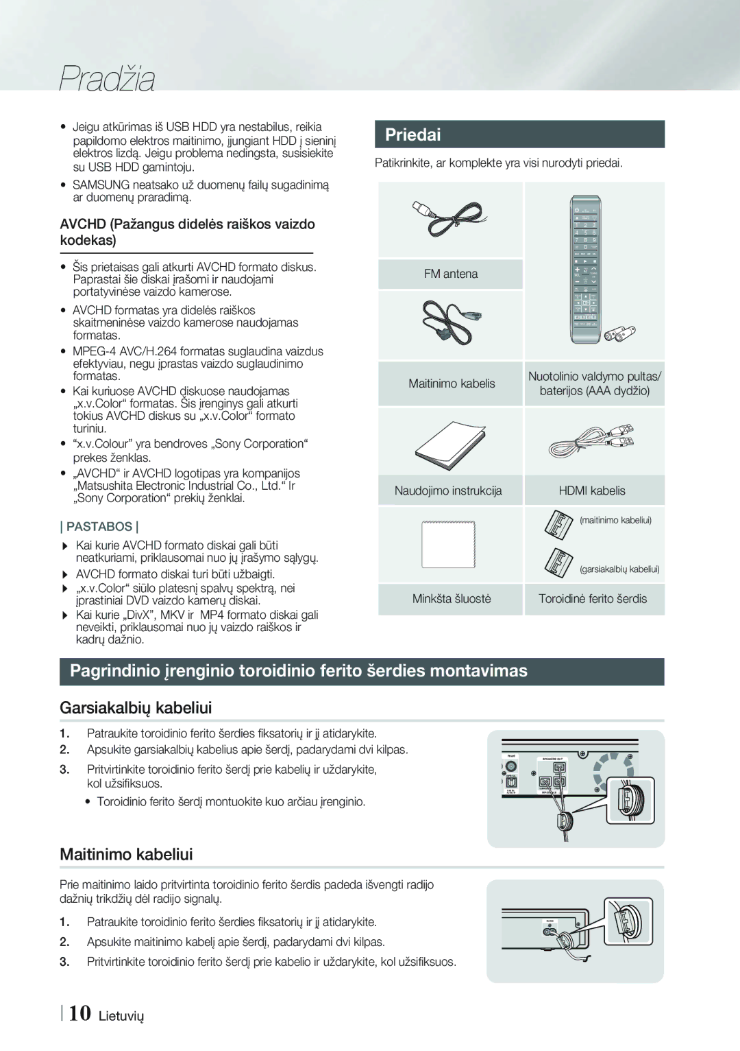 Samsung HT-FS9200/EN manual Priedai, Pagrindinio įrenginio toroidinio ferito šerdies montavimas, Garsiakalbių kabeliui 