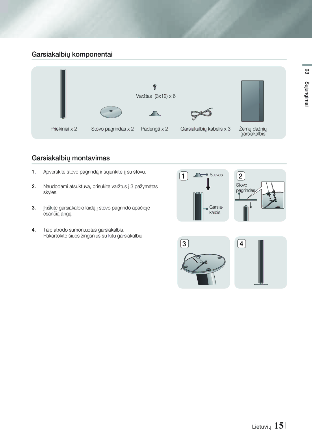 Samsung HT-FS9200/EN manual Garsiakalbių komponentai, Garsiakalbių montavimas 