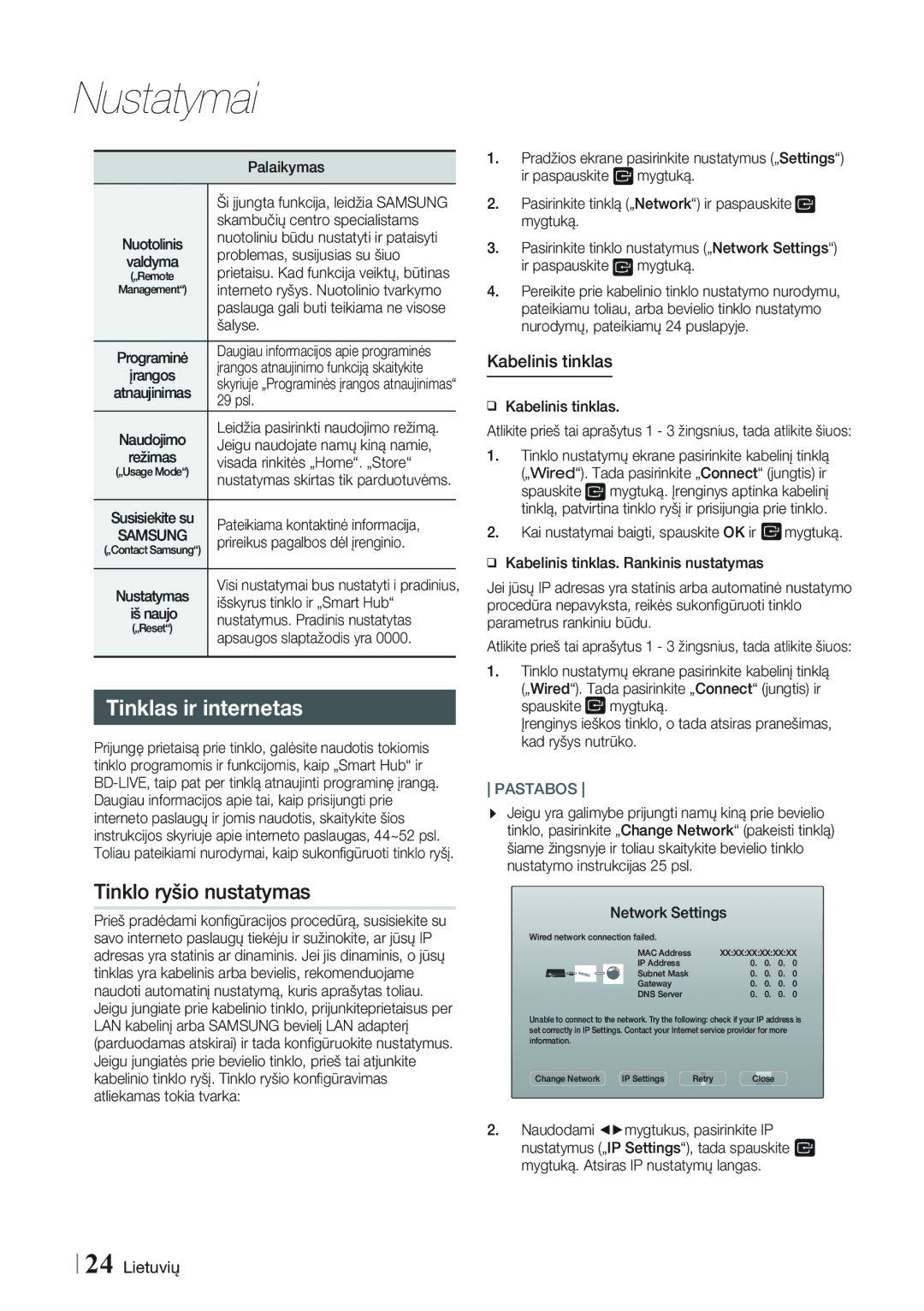 Samsung HT-FS9200/EN manual Tinklas ir internetas, Tinklo ryšio nustatymas, Kabelinis tinklas 