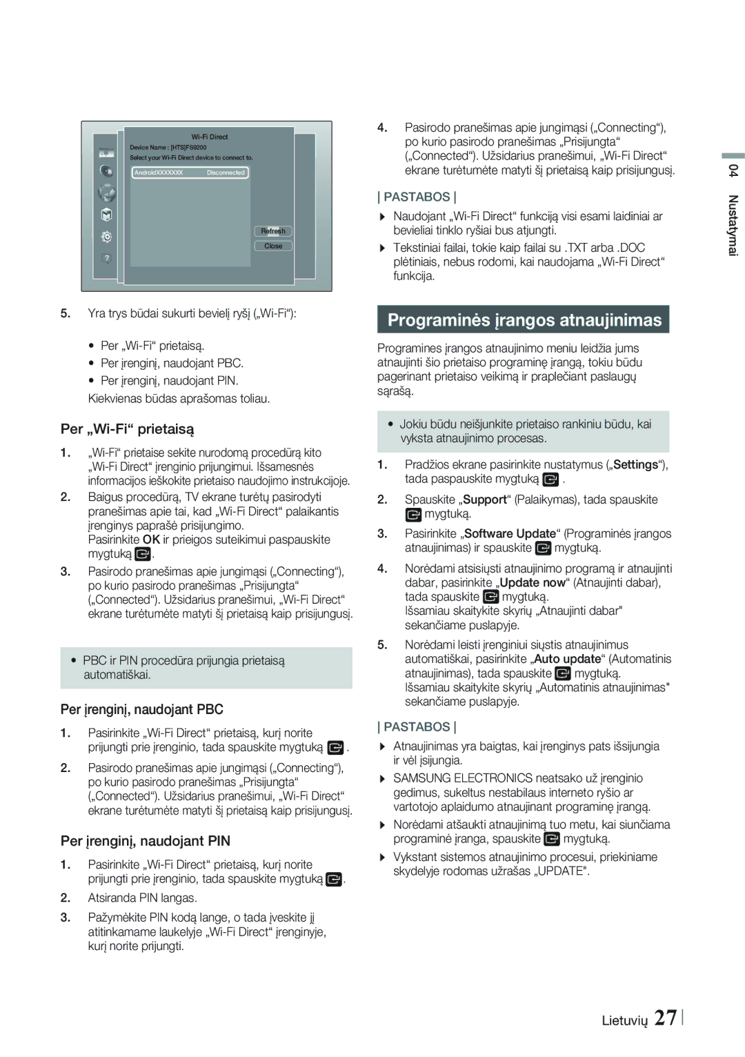 Samsung HT-FS9200/EN manual Programinės įrangos atnaujinimas, Per „Wi-Fi prietaisą, Per įrenginį, naudojant PBC 