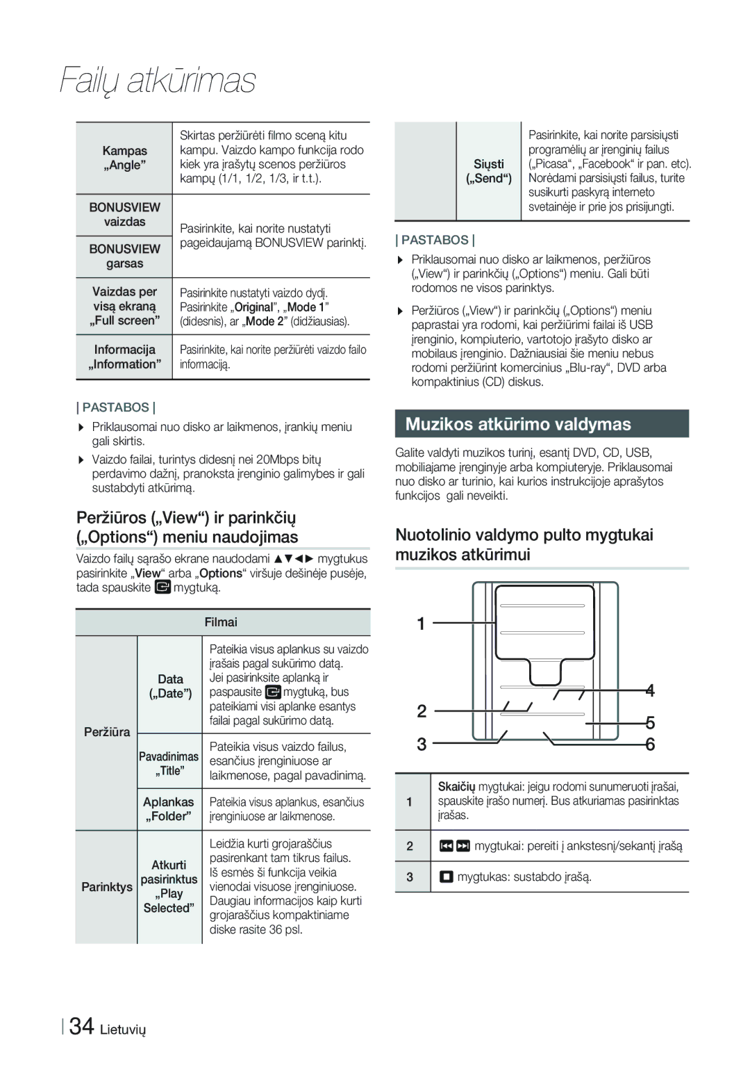 Samsung HT-FS9200/EN manual Peržiūros „View ir parinkčių „Options meniu naudojimas, Muzikos atkūrimo valdymas 