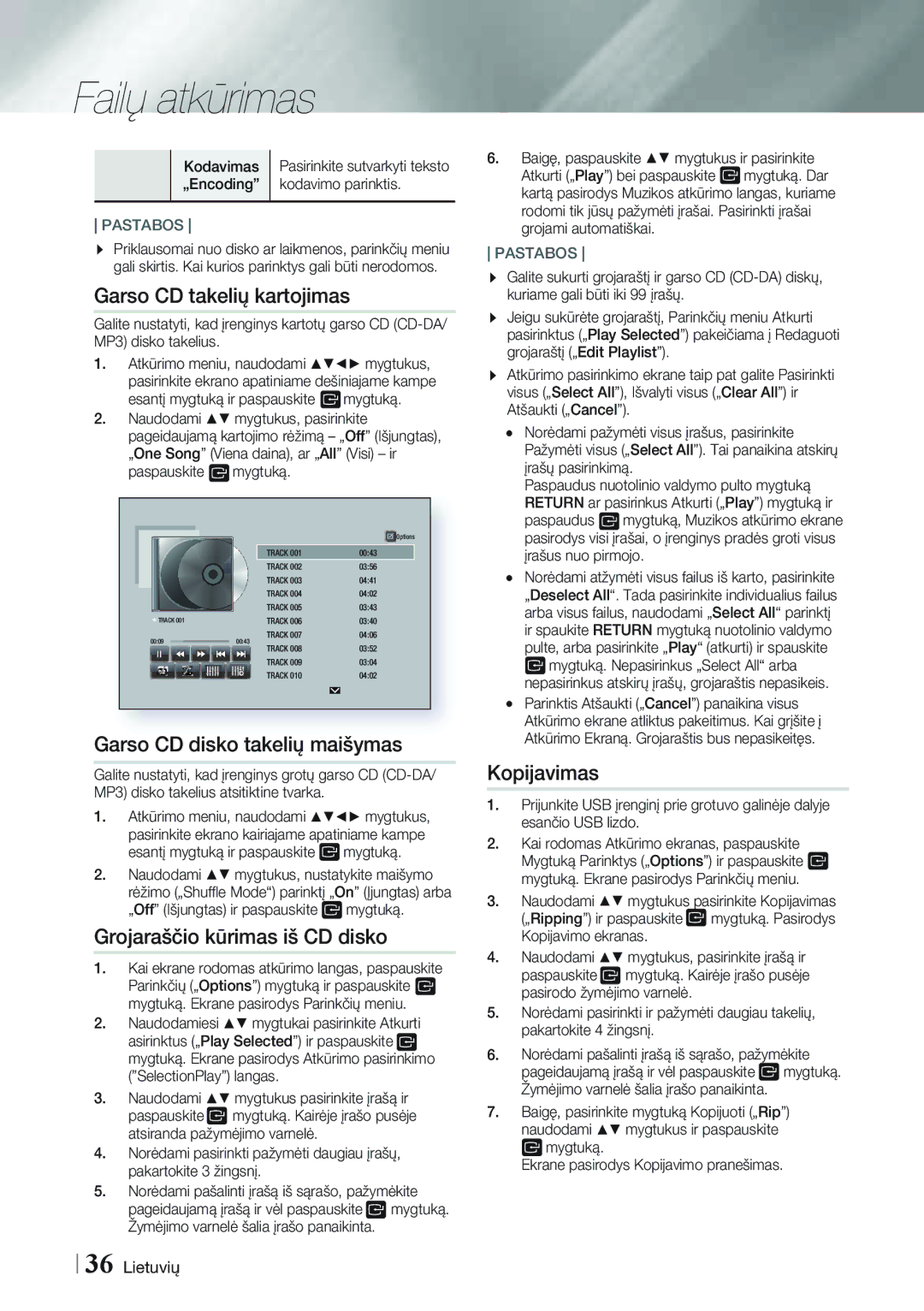 Samsung HT-FS9200/EN manual Garso CD takelių kartojimas, Garso CD disko takelių maišymas, Grojaraščio kūrimas iš CD disko 