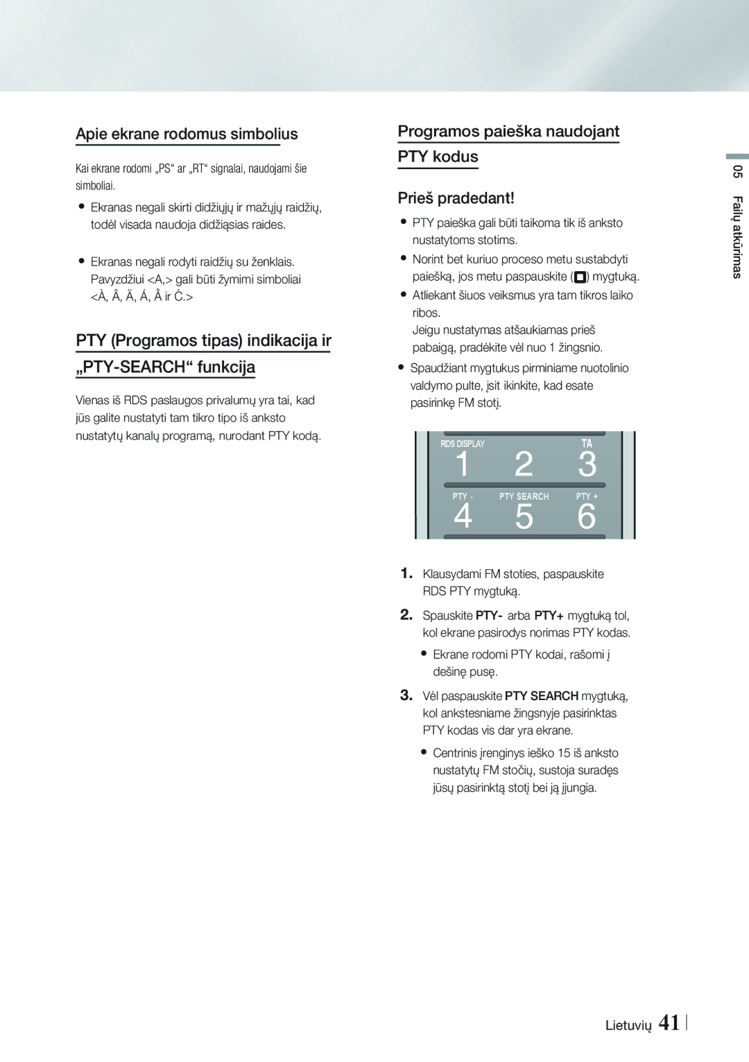 Samsung HT-FS9200/EN PTY Programos tipas indikacija ir „PTY-SEARCH funkcija, Ekrane rodomi PTY kodai, rašomi į dešinę pusę 