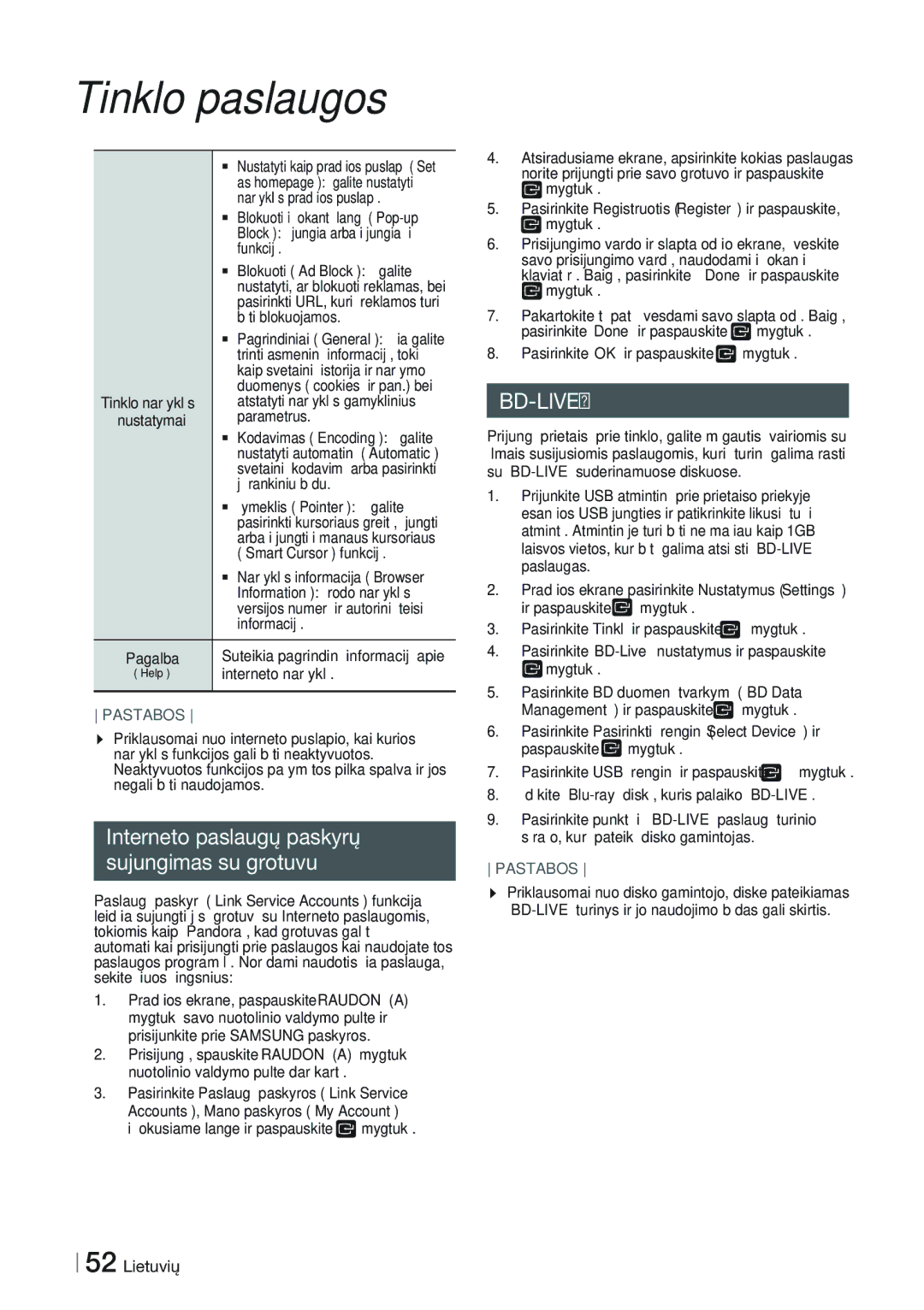 Samsung HT-FS9200/EN manual Interneto paslaugų paskyrų Sujungimas su grotuvu 