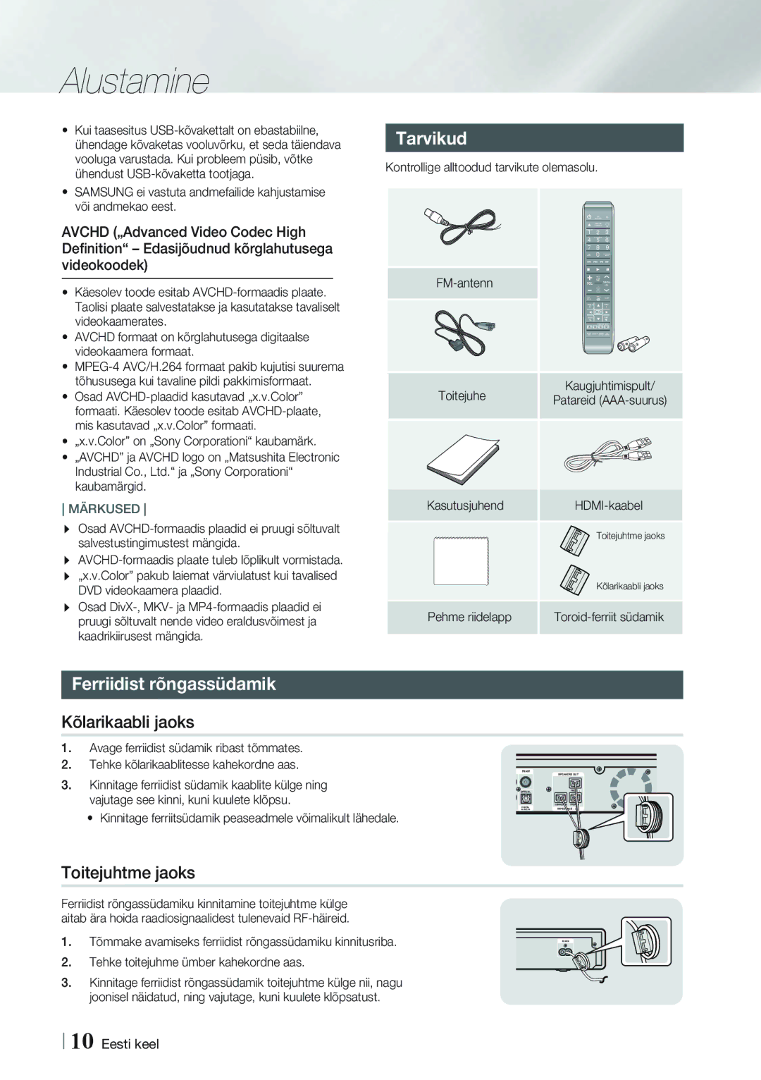 Samsung HT-FS9200/EN manual Tarvikud, Ferriidist rõngassüdamik, Kõlarikaabli jaoks, Toitejuhtme jaoks 