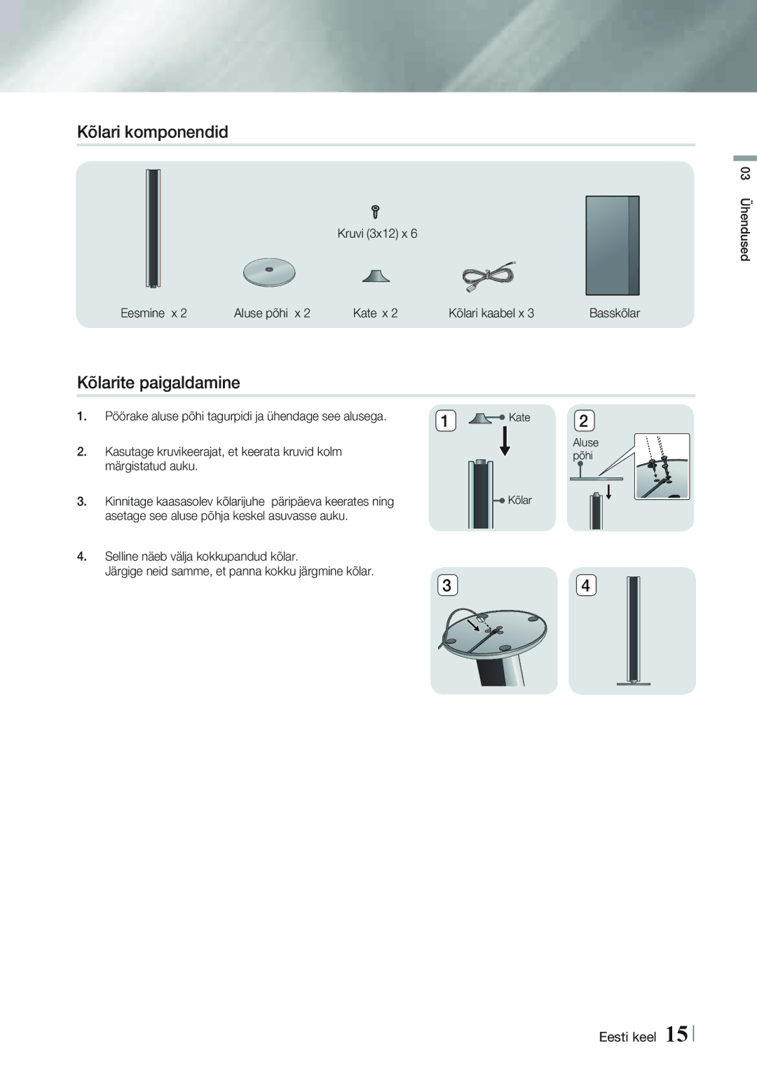 Samsung HT-FS9200/EN manual Kõlari komponendid, Kõlarite paigaldamine 