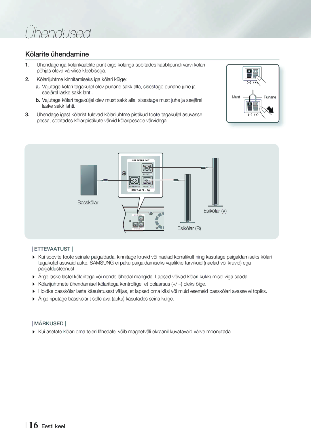 Samsung HT-FS9200/EN manual Kõlarite ühendamine, Esikõlar 