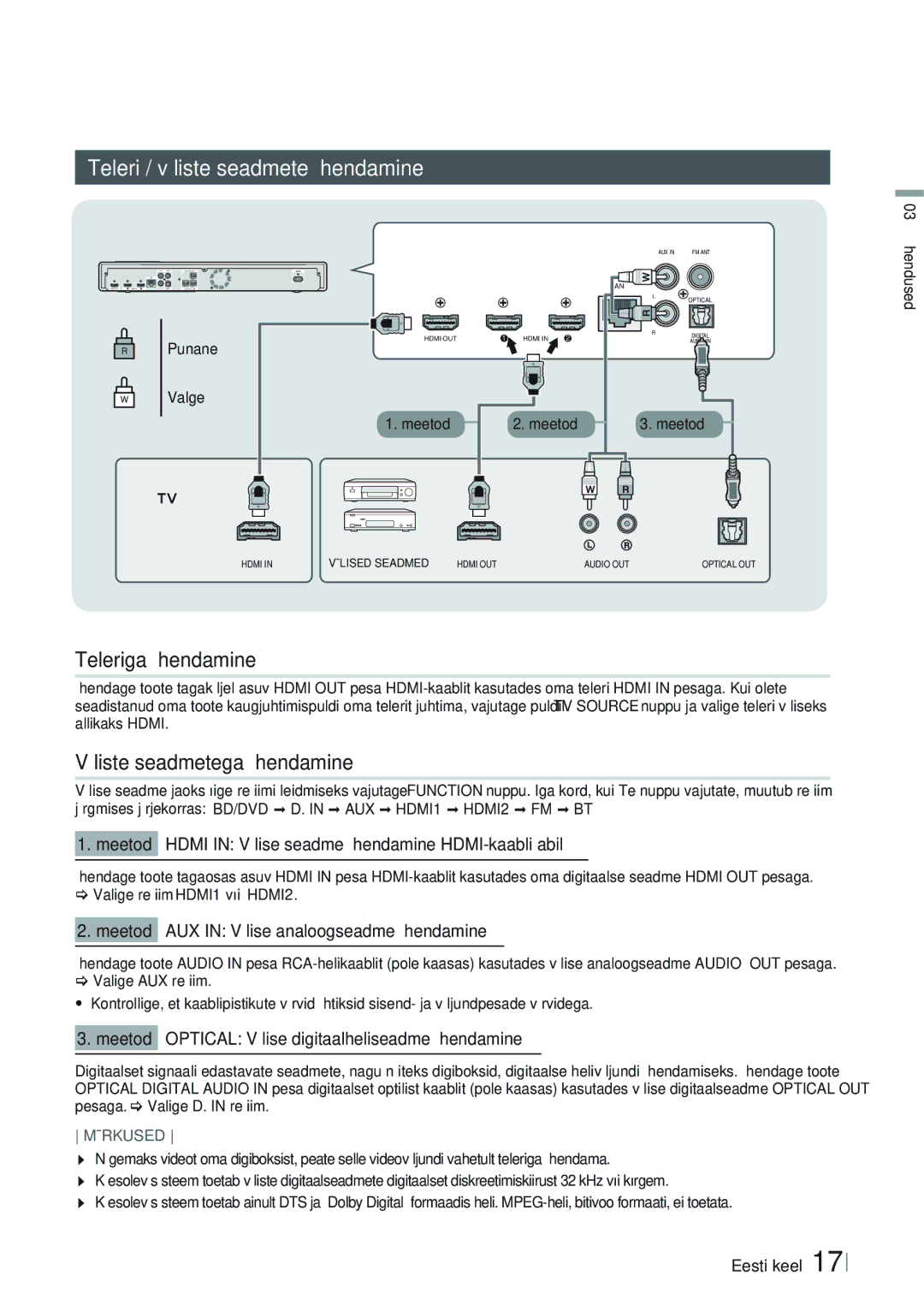 Samsung HT-FS9200/EN manual Teleri / väliste seadmete ühendamine, Teleriga ühendamine, Väliste seadmetega ühendamine 