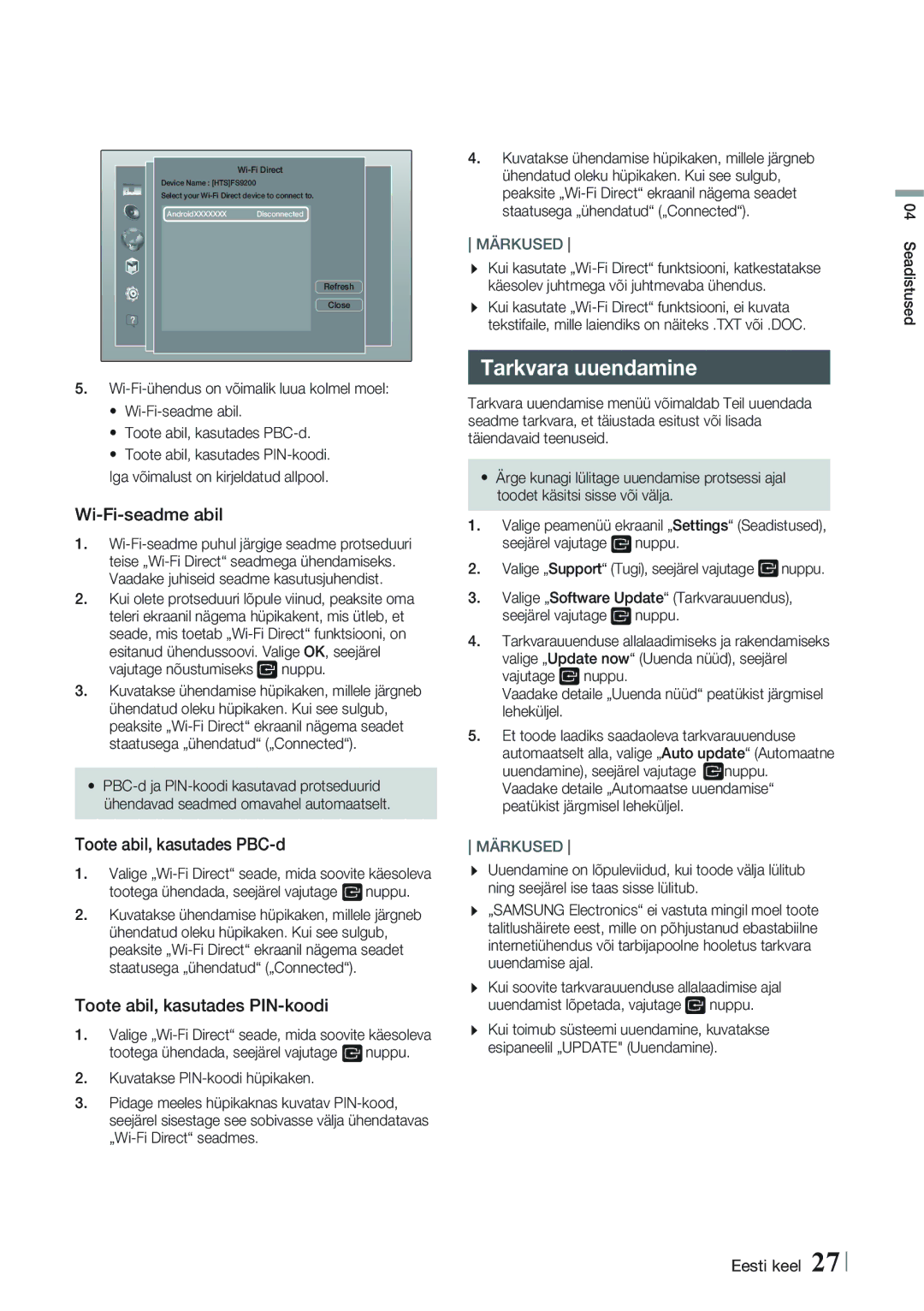 Samsung HT-FS9200/EN Tarkvara uuendamine, Wi-Fi-seadme abil, Toote abil, kasutades PBC-d, Toote abil, kasutades PIN-koodi 